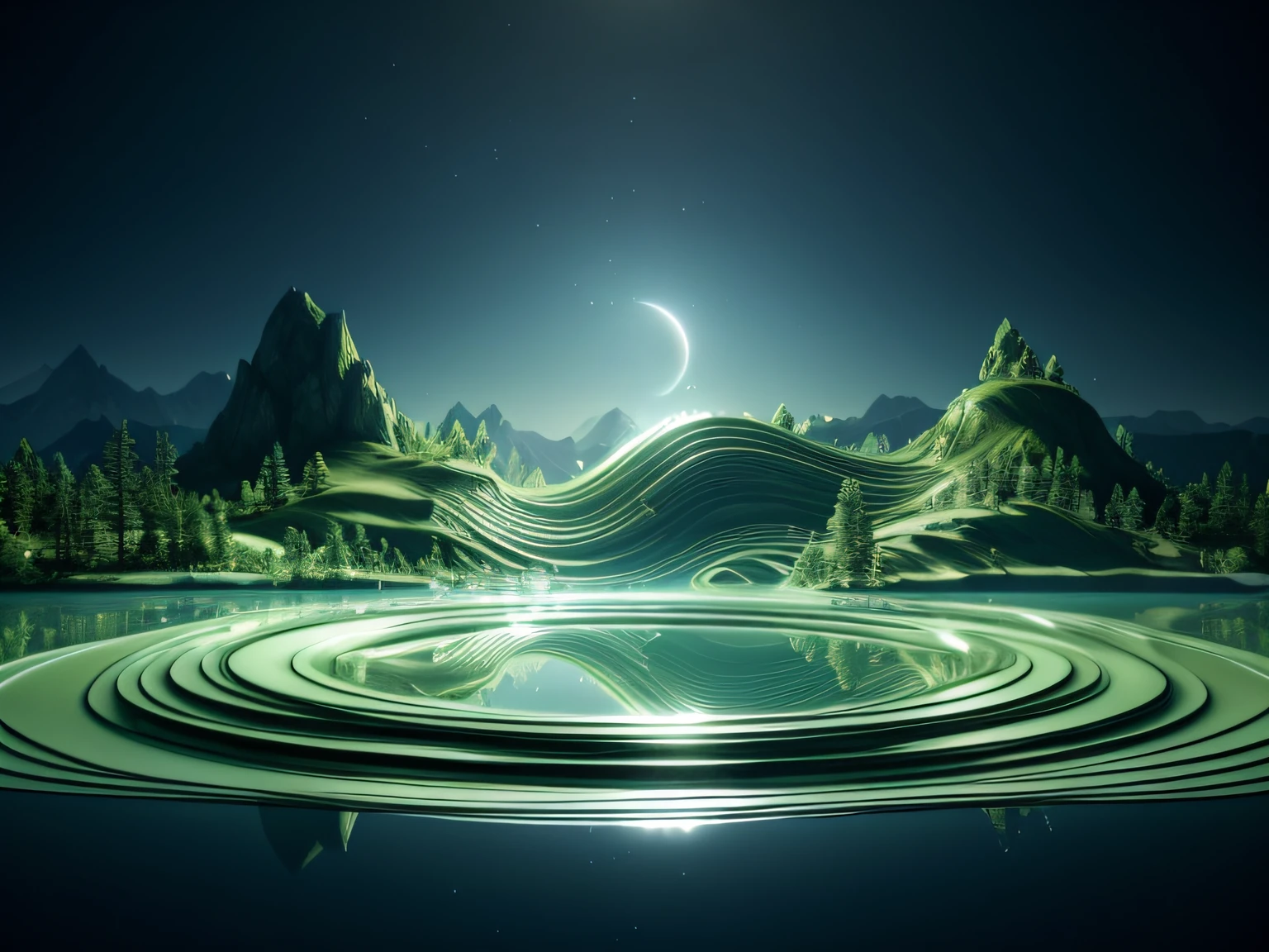 Close-up of lake with mountains as background, futuristic landscape, beautiful landscape rendering, stuning fantasy 3 d render, ethereal landscape, surreal dream landscape, nighttime nature landscape, epic dreamlike fantasy landscape, 3 d landscape, 3D landscape, beautiful 3d render, mystical fantasy landscape, Fractal landscape, grass spiral mountain landscape, Beautiful alien landscape
