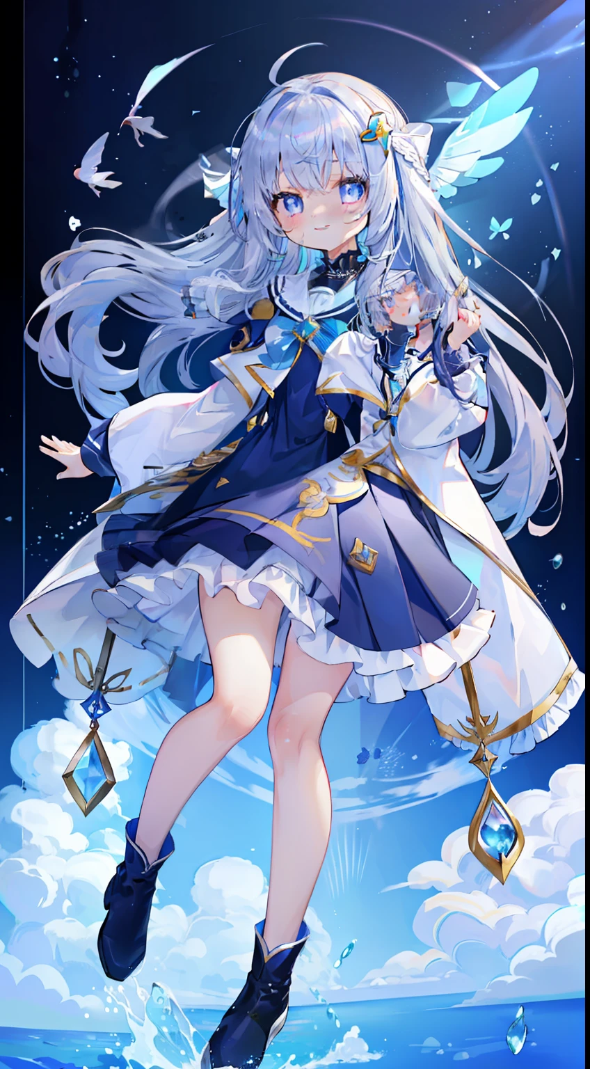 One girl、silber hair、long、Fluttering hair、blue eyess、A smile、​masterpiece、Top image quality、Laugh、Long-sleeved sailor suit、pleatedskirt、long-sleeve、Moe Sleeve