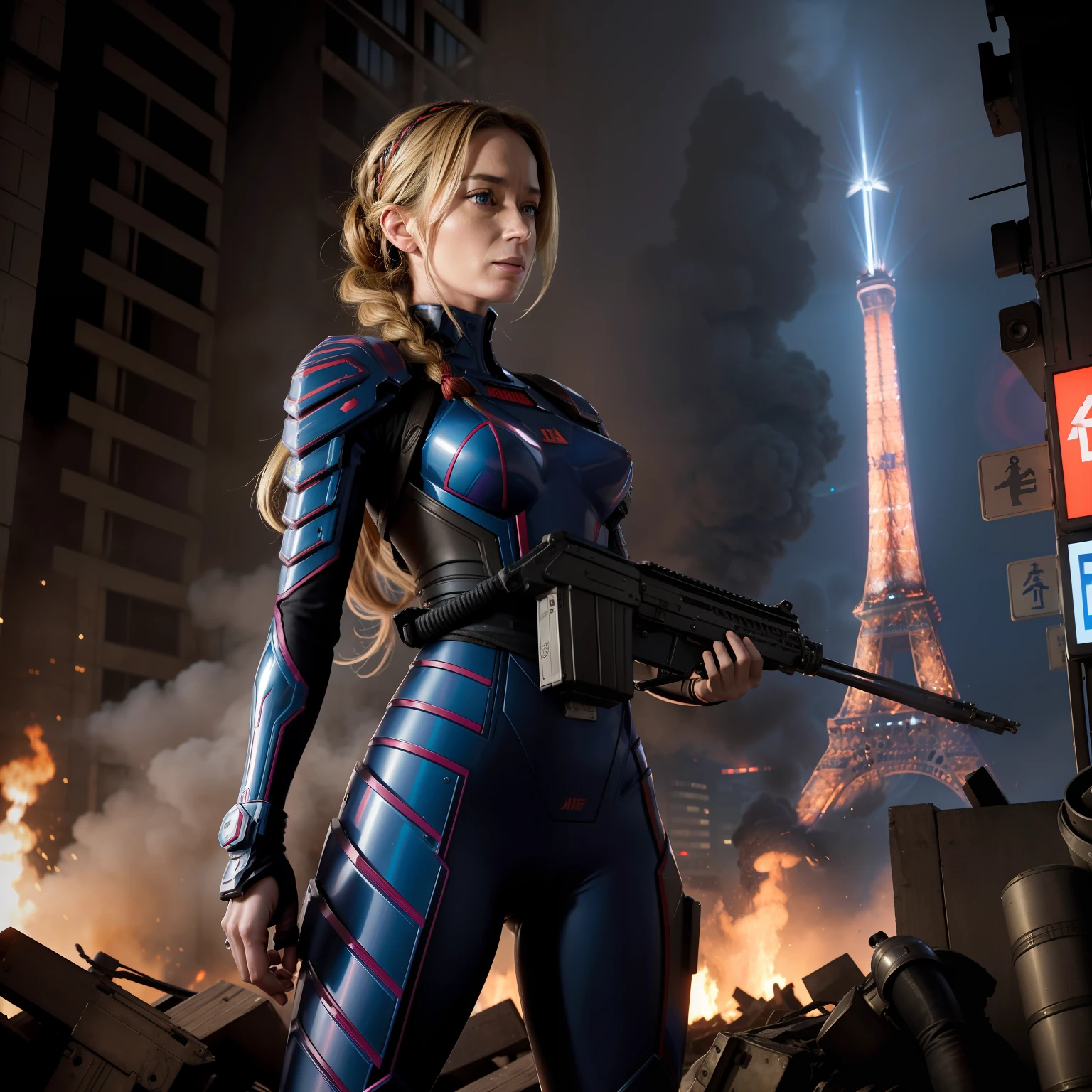 Emily Blunt (Dutch braided hair) com armadura Evangelion (Asuka) Armor behind a barricade, carrying a laser assault rifle in his hands, dinamic poses, olhar serio, Combates intensos, foto de corpo inteiro, Cyberpunk, mega tokyo, Fires and smoke, Nokia camera, modelshoot, corpo atletico, Post-apocalyptic Paris, Eiffel Tower destroyed