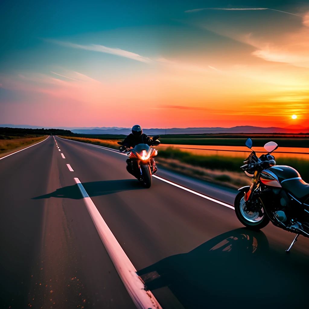 Ride a motorcycle to the pink sunset