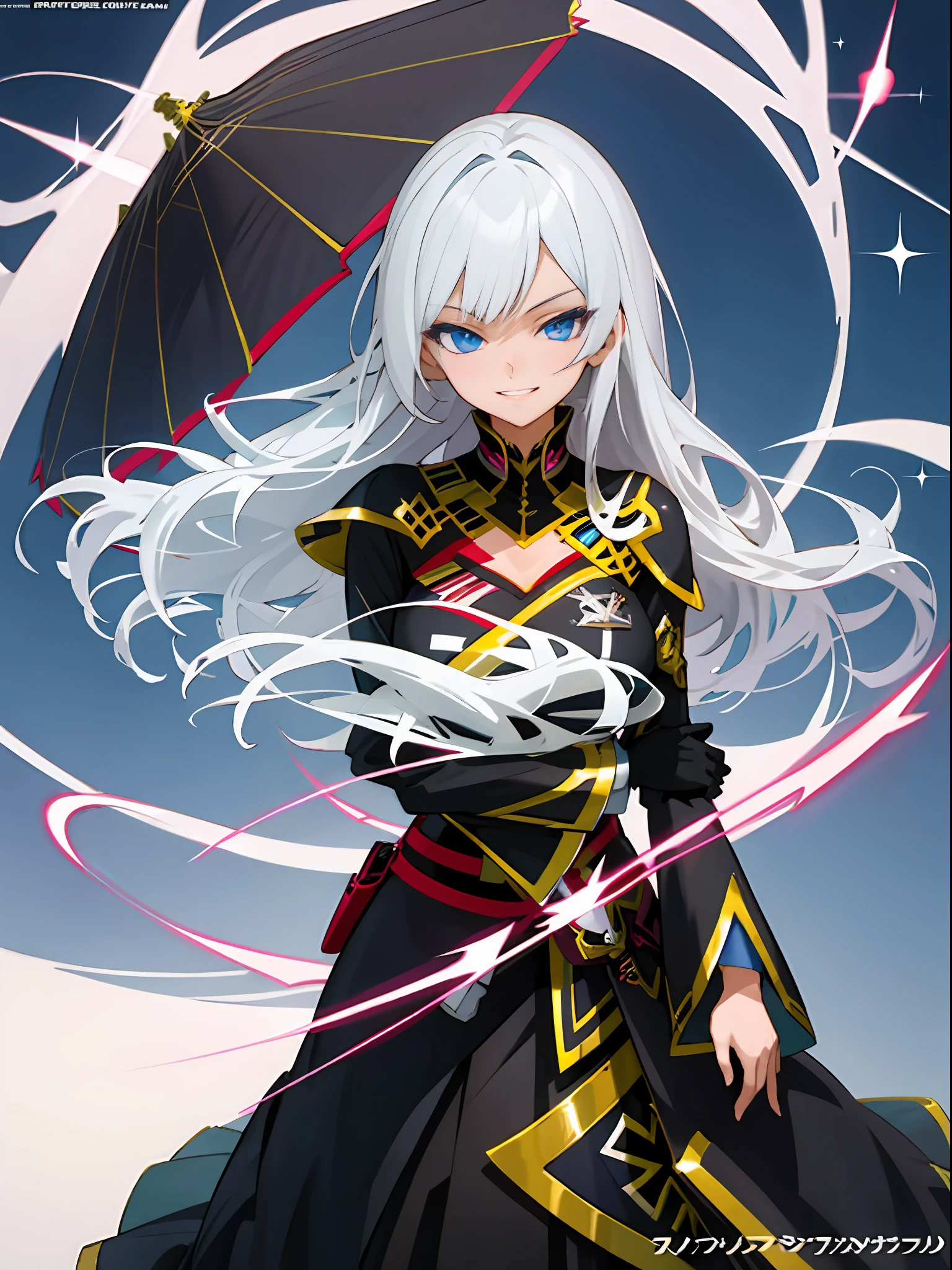 mischievous expression,Grinning,Slightly curved transversely,The sides are slightly inclined,Slight close-up of the face, anime woman fullbody art, Wearing Gorgeous Costume, Anime figure; Full-body art,White hair