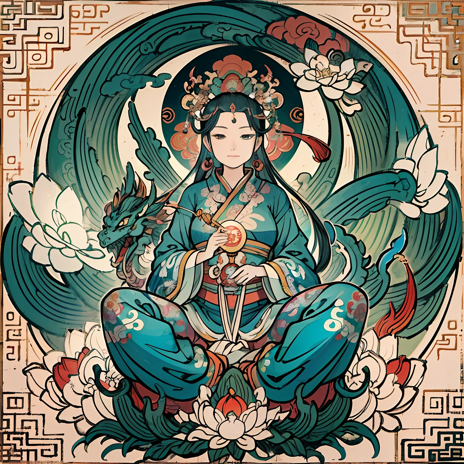 an ancient Chinese goddess, guanyin of the southern seas, Guanyin, Inspired by India, Avalokiteshvara rides a dragon,Serene expression,shui mo hua,Buddha,Buddhist,Lotus,Chinese painting style,Thangka style