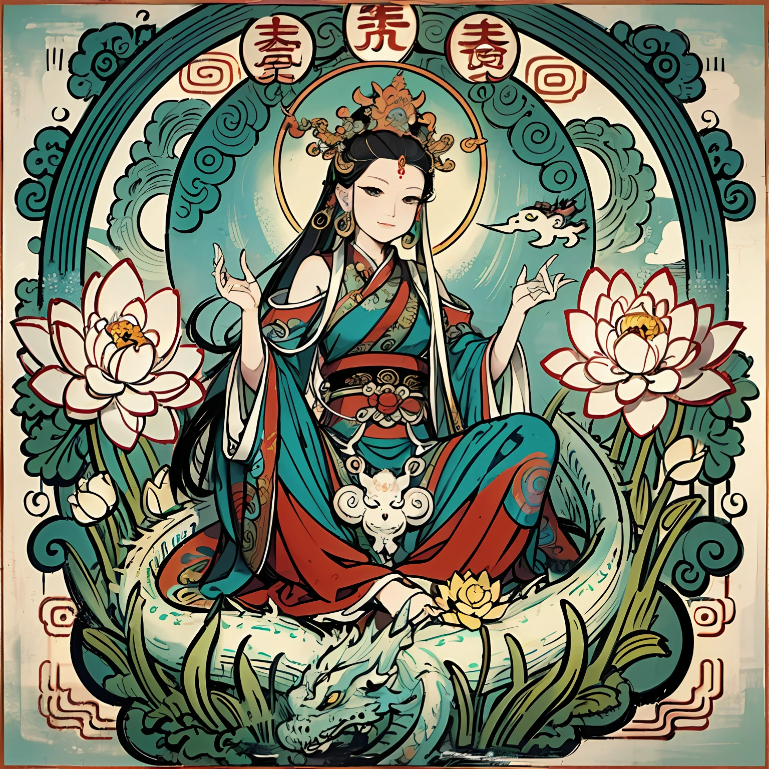 an ancient Chinese goddess, guanyin of the southern seas, Guanyin, Inspired by India, Avalokiteshvara rides a dragon,Serene expression,shui mo hua,Buddha,Buddhist,Lotus,Chinese painting style,Thangka style