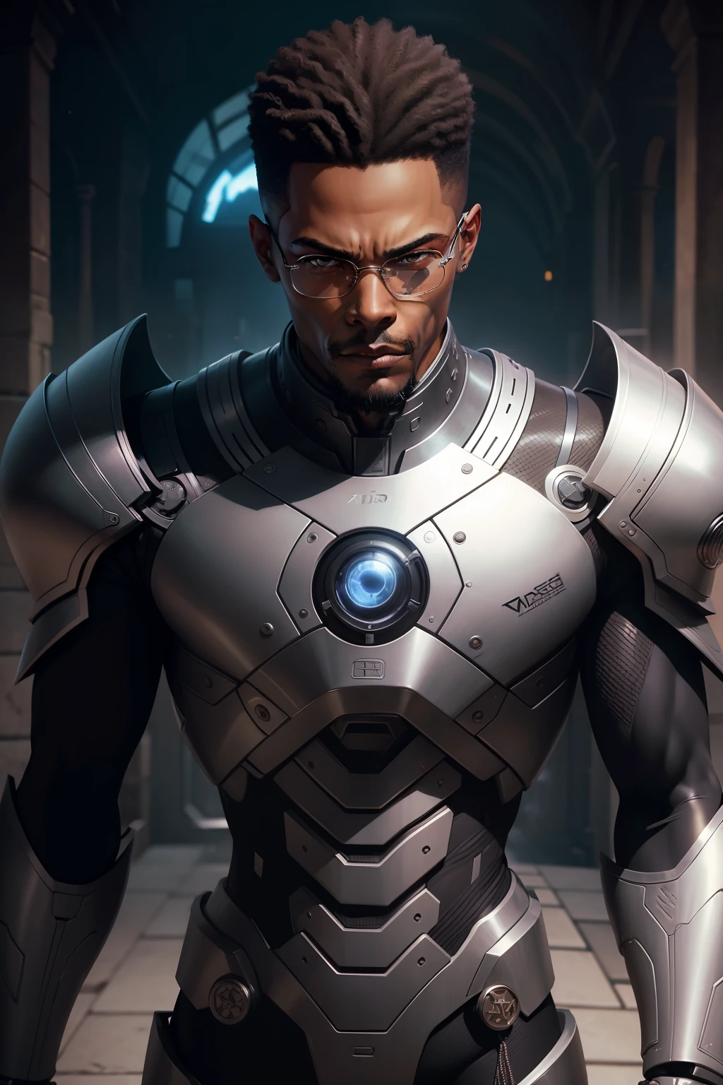 malcolm-x face, dark fantasy, rock-ballads, black man, brown skin, barba curta branca, homem quarenta anos, robotic presence, wearing a dark mechanical suit, intrincado, (steel metal [enferrujado]), elegante, Gothic colors, obra-prima, ((rua)), dark light, rounded face