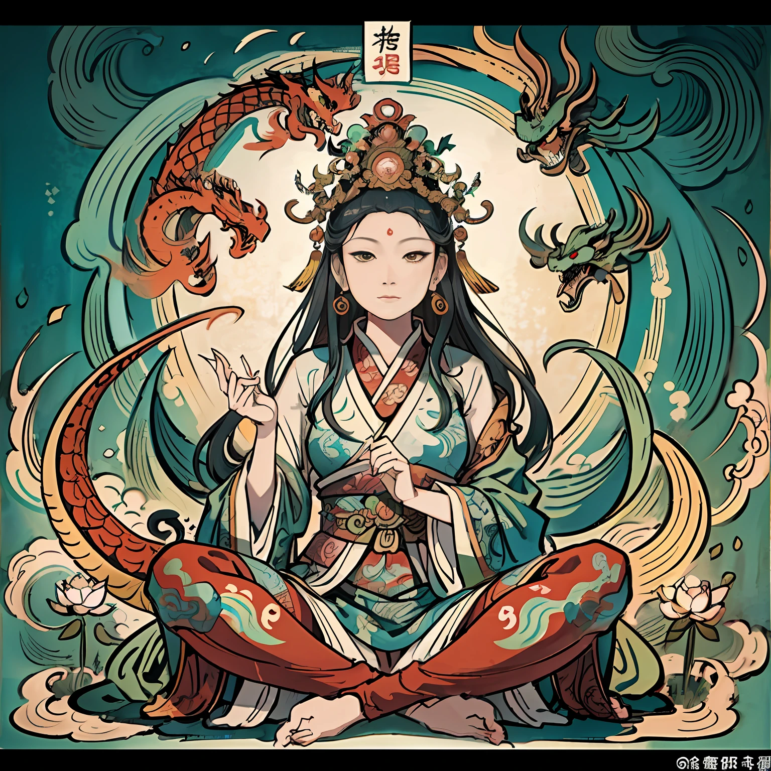 an ancient Chinese goddess, guanyin of the southern seas, Guanyin, Inspired by India, Avalokiteshvara rides a dragon,Serene expression,shui mo hua,Buddha,Buddhist,Lotus,Chinese painting style,Thangka style