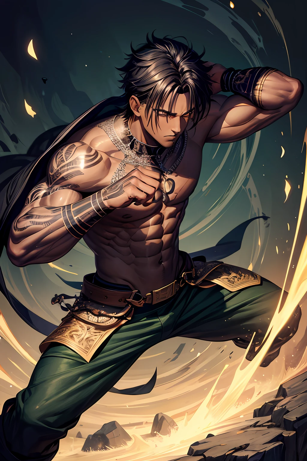 1boy, men, male, black hair, black eyes, (((dark skin))), medium hair, fighter, pants, dark green clothes, muscles, silver bracelet, tattoo, no shirt, the power of the earth
(((good anatomy))) ultra-detailed, overexposure, illustration,4k unity, japonese, complicated background, beautiful illustration, extremely detailed, good anatomy, super detailed, insanely detailed and intricate, beautiful, highly detailed, masterpiece, high quality, 8k