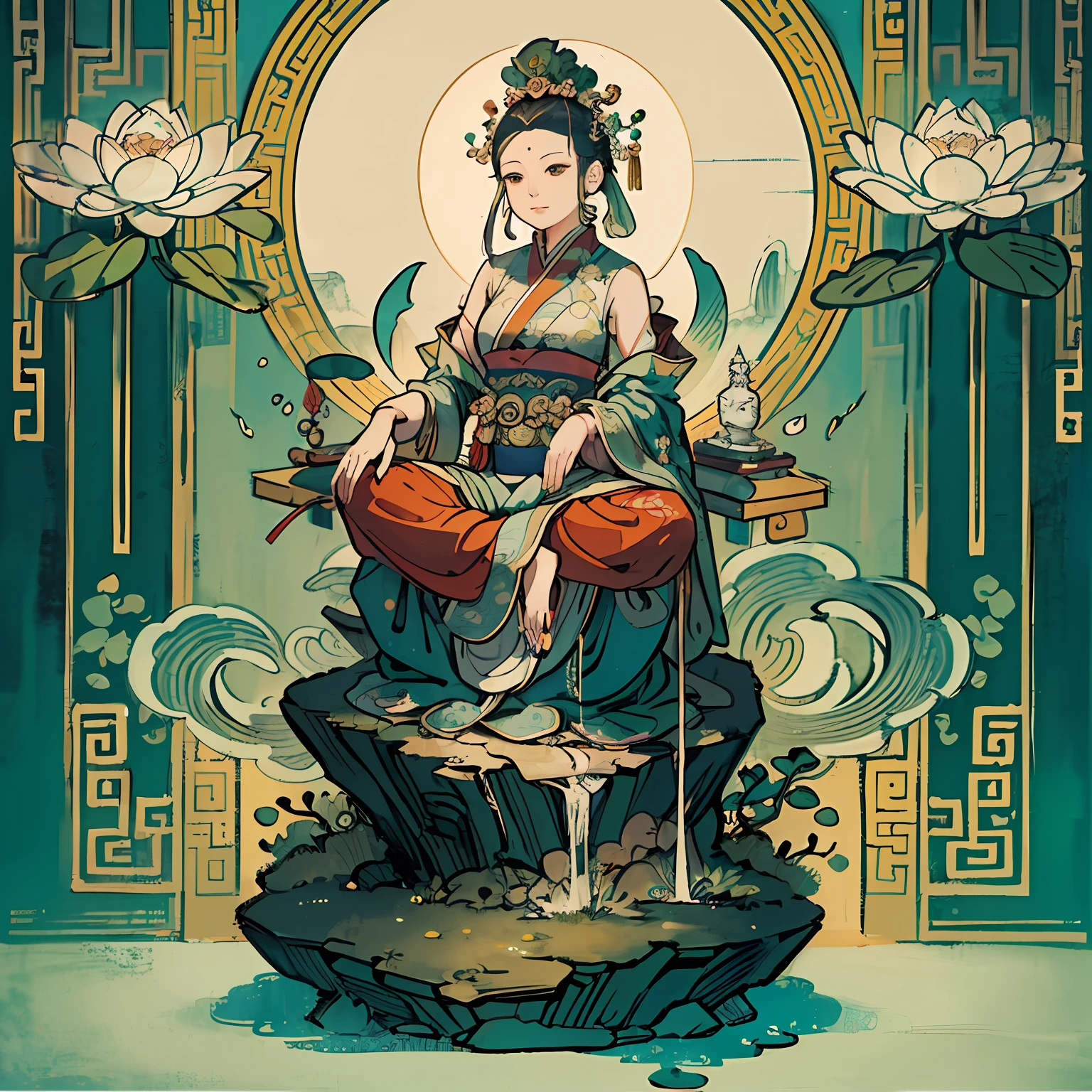 Woman sitting on a lotus,guanyin of the southern seas,Guanyin,contented female bodhisattva,jade sculpture,bodhisattva,queen of the sea mu yanling,serene,Serene expression,shui mo hua,Buddha,Buddhist,Lotus,Chinese painting style,Thangka style