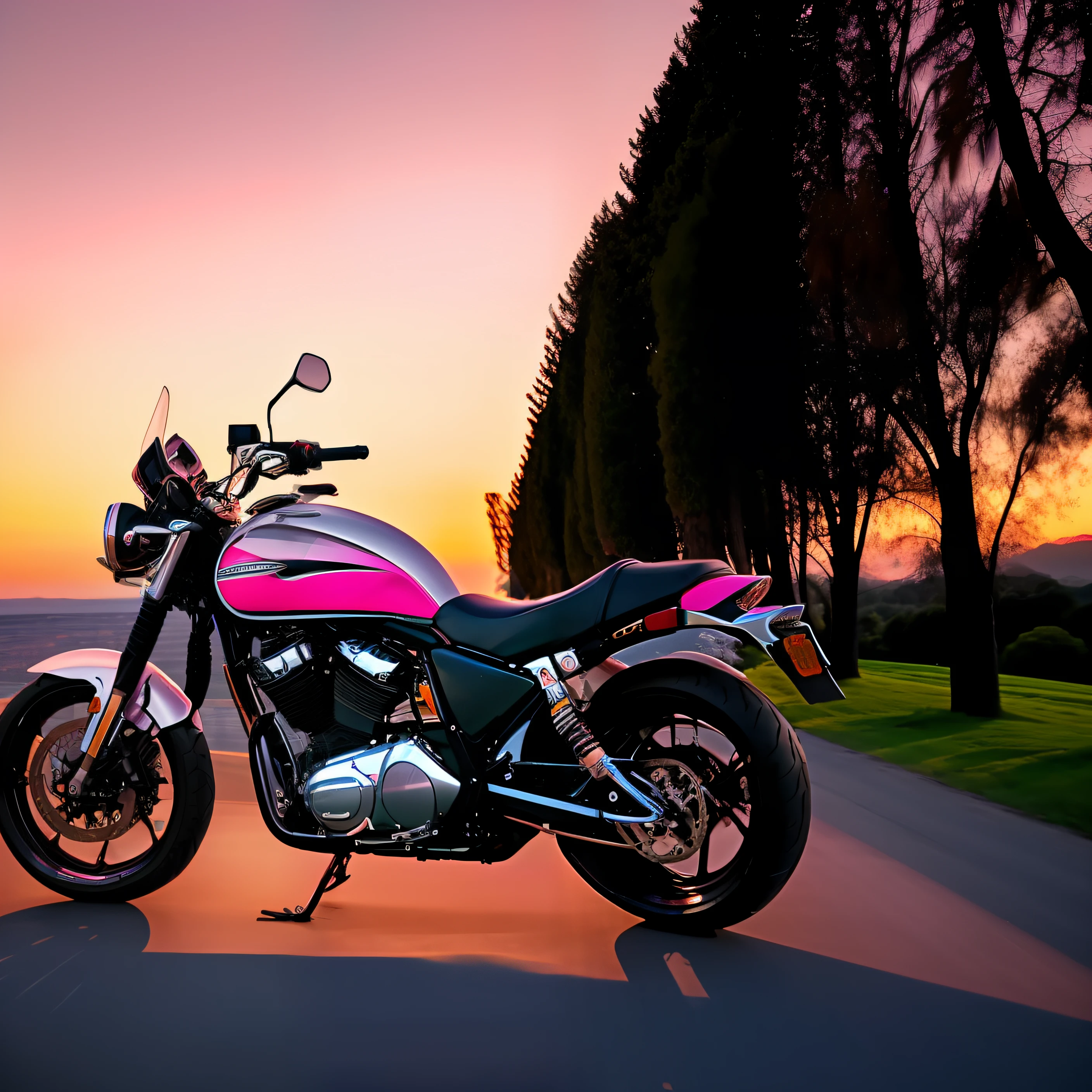 Ride a motorcycle to the pink sunset