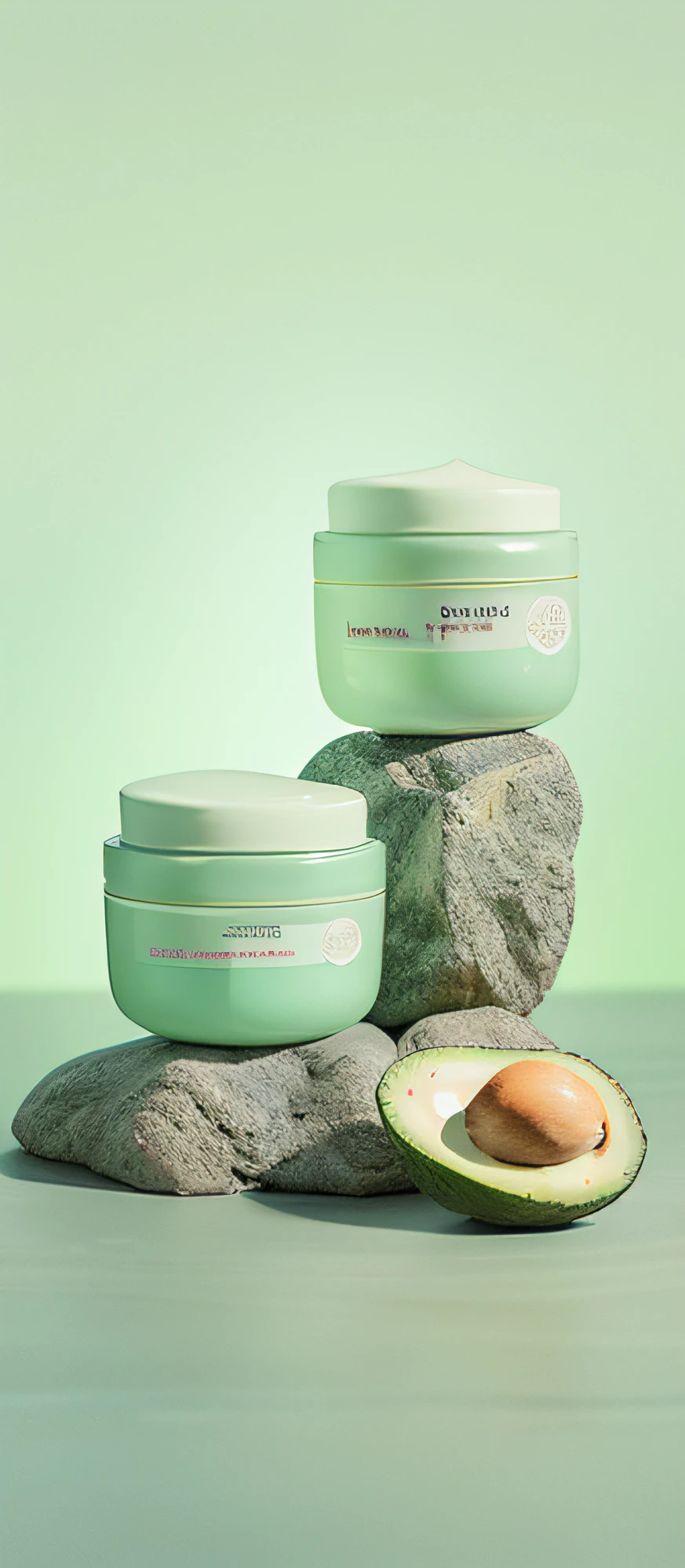 There are two bowls of cream and an avocado on the rock, jia, high quality topical render, photoshoot for skincare brand, professional product shot, lulu chen, close-up product photo, professional product photo, Lu Ji, shaxi, Wang Chen, mega, product introduction photos, su fu, ruanjia, Product photography