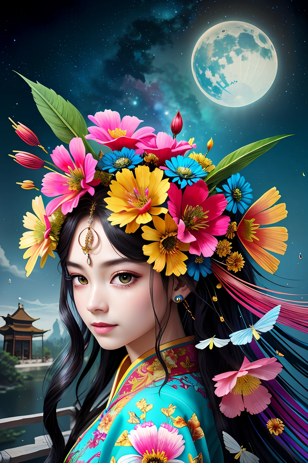 (8k, RAW photograph:1.2),best quality, ultra high res,dramatic angle,(fluttered detailed color splashs), (illustration),(((1 girl))),(long hair),(rain:0.9),(hair ornament:1.4),there is an ancient palace beside the girl,(((chinese clothes))),(focus on), color Ink wash painting,(color splashing),colorful splashing,((colorful)),(((cool colors))),(((Tang dinasty)))(sketch:0.8), Masterpiece,best quality, beautifully painted,highly detailed,(denoising:0.6),[splash ink],((ink refraction)), (beautiful detailed sky),moon,highly,detaild,(masterpiece, best quality, extremely detailed CG unity 8k wallpaper,masterpiece, best quality, ultra-detailed),(Lycoris radiata), architecture,