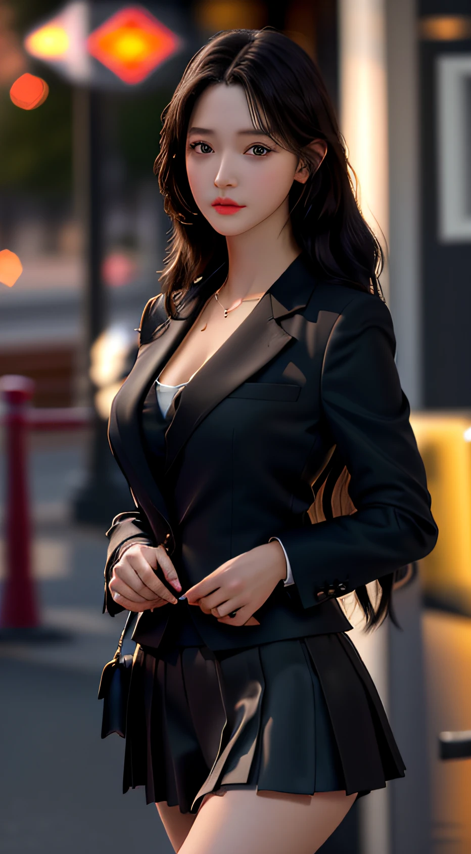 best quality, masterpiece, 1girl, Beautiful face, (photo realistic:1.3), rim lighting, (high detailed skin:1.2), 8k uhd, dslr, high quality, high resolution, 4k, 8k, Bokeh, absurdres, best ratio four finger and one thumb, (realistic:1.3), cute 1girl, wearing black formal blazer, medium breasts, short skirt,