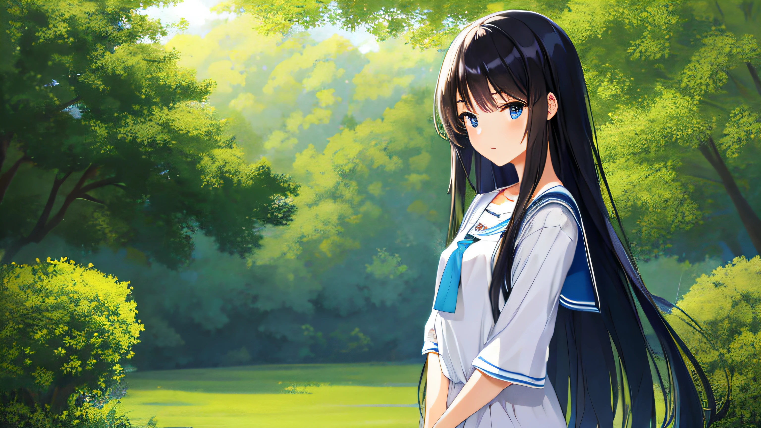 masterpiece, high quality, 8k, beautiful lighting, doga kobo, anime scene, 1girl, solo, megami_zenitsu, black hair, long hair, no bangs, young woman, short posture, small breast, kinda flat, blue eyes, seifuku, garden, upper body, looking at viewer