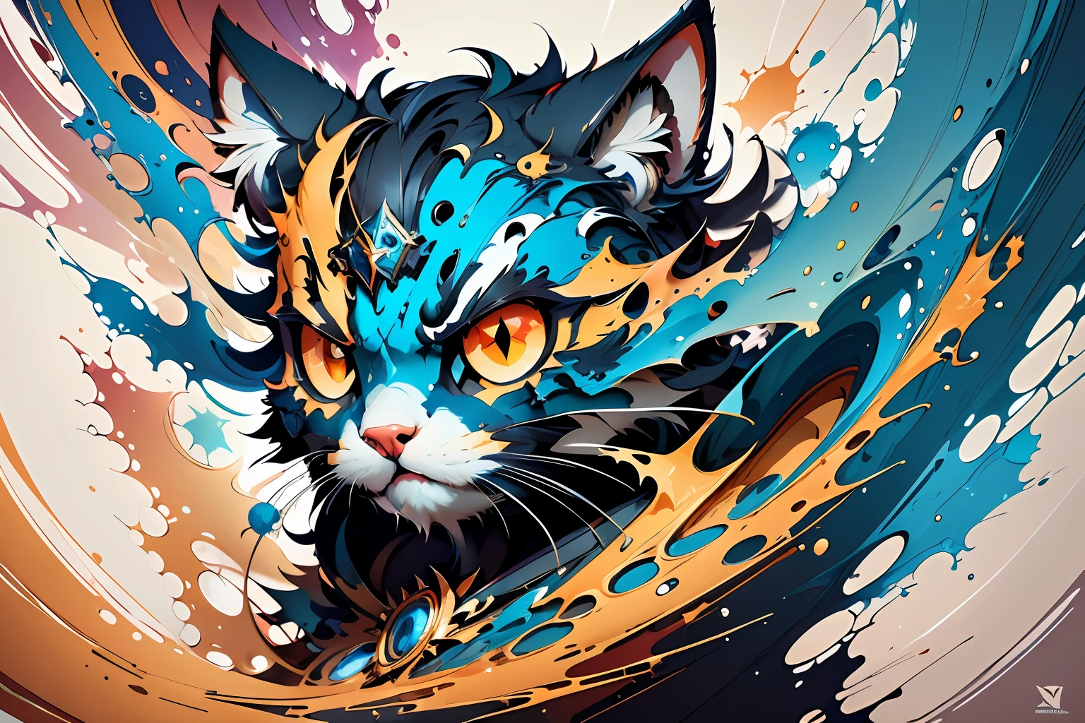 distorted art of the face of an angry cartoon cat of vibrant colors in the form of a futuristic shield with TECHNIQUE brush and splash effects