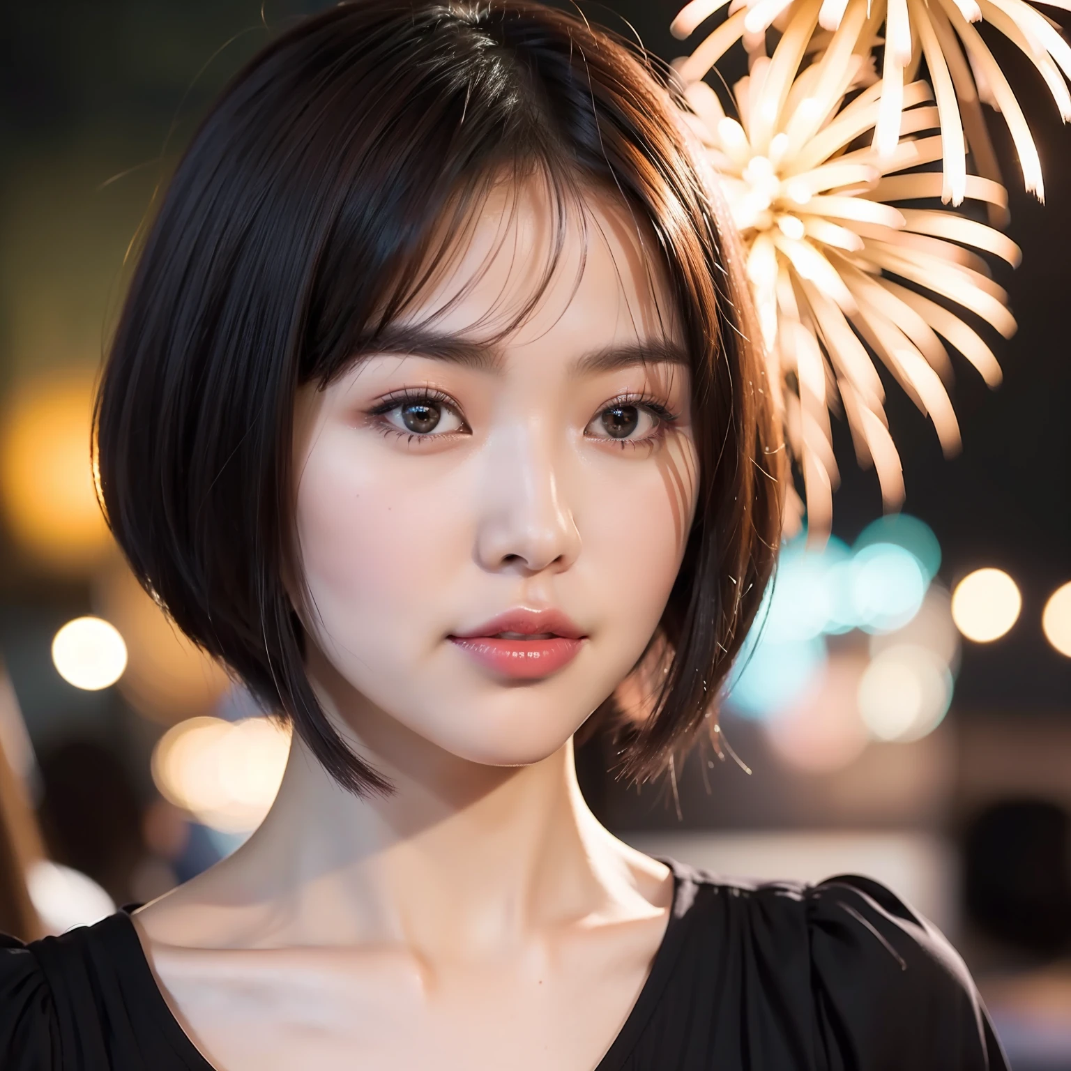 Close up portrait of woman with short hairstyle in black top, With short hair, beautiful Korean women, Beautiful young Korean woman, Gorgeous young Korean woman, Korean Girl, korean symmetrical face, Young adorable Korean face, Korean Woman, Portrait of female Korean idol, korean face features, chin-length hair, south east asian with round face, Popular Korean Makeup, Fireworks are going off, Cotton candy in the hands