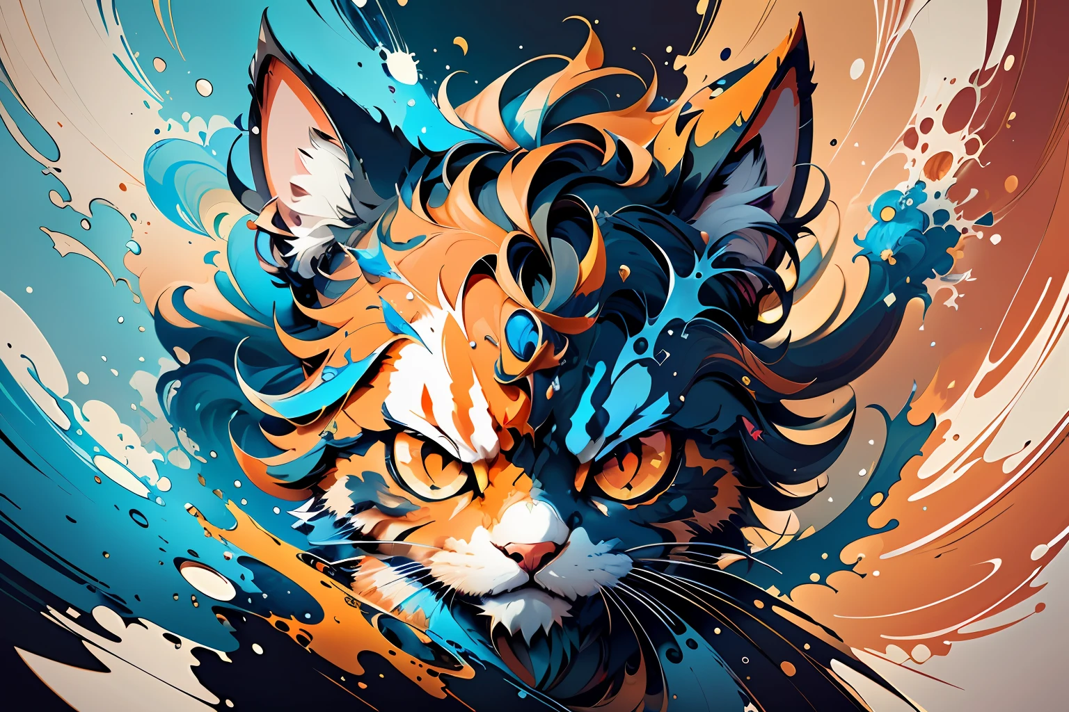 distorted art of the face of an angry cartoon cat of vibrant colors in the form of a futuristic shield with TECHNIQUE brush and splash effects