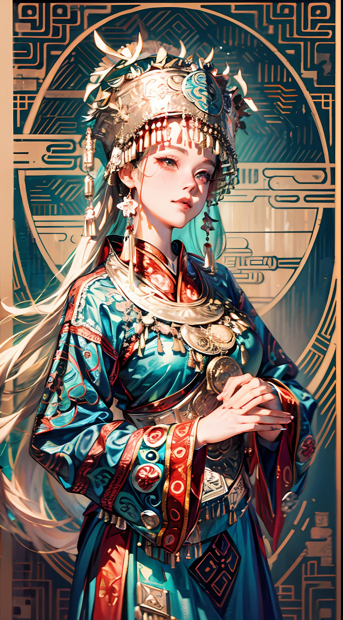 an illustration of a woman in traditional chinese costume, in the style of anime aesthetic, 32k uhd, blink-and-you-miss-it detail, beautiful, anime-inspired characters, beige and aquamarine, close-up,