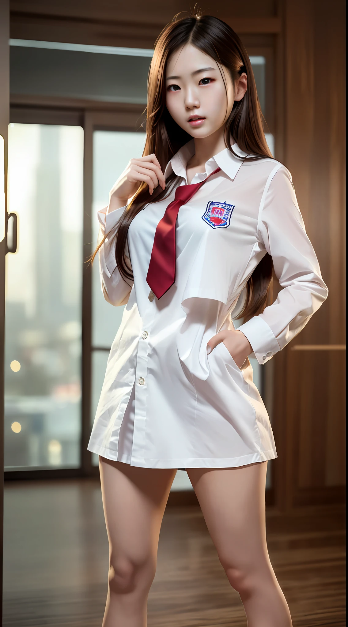 (ultra high definition), (maximum quality), (cinematic), (8k), (Japanese Girl), (extremely beautiful), (alone), ((full body)), (very slim), (very detailed face), (very detailed eyes), (realist eyes), (perfect body), (studio lighting), (side view), (sexy), (malicious smile), (soft skin), (very long hair), (short school uniform)
