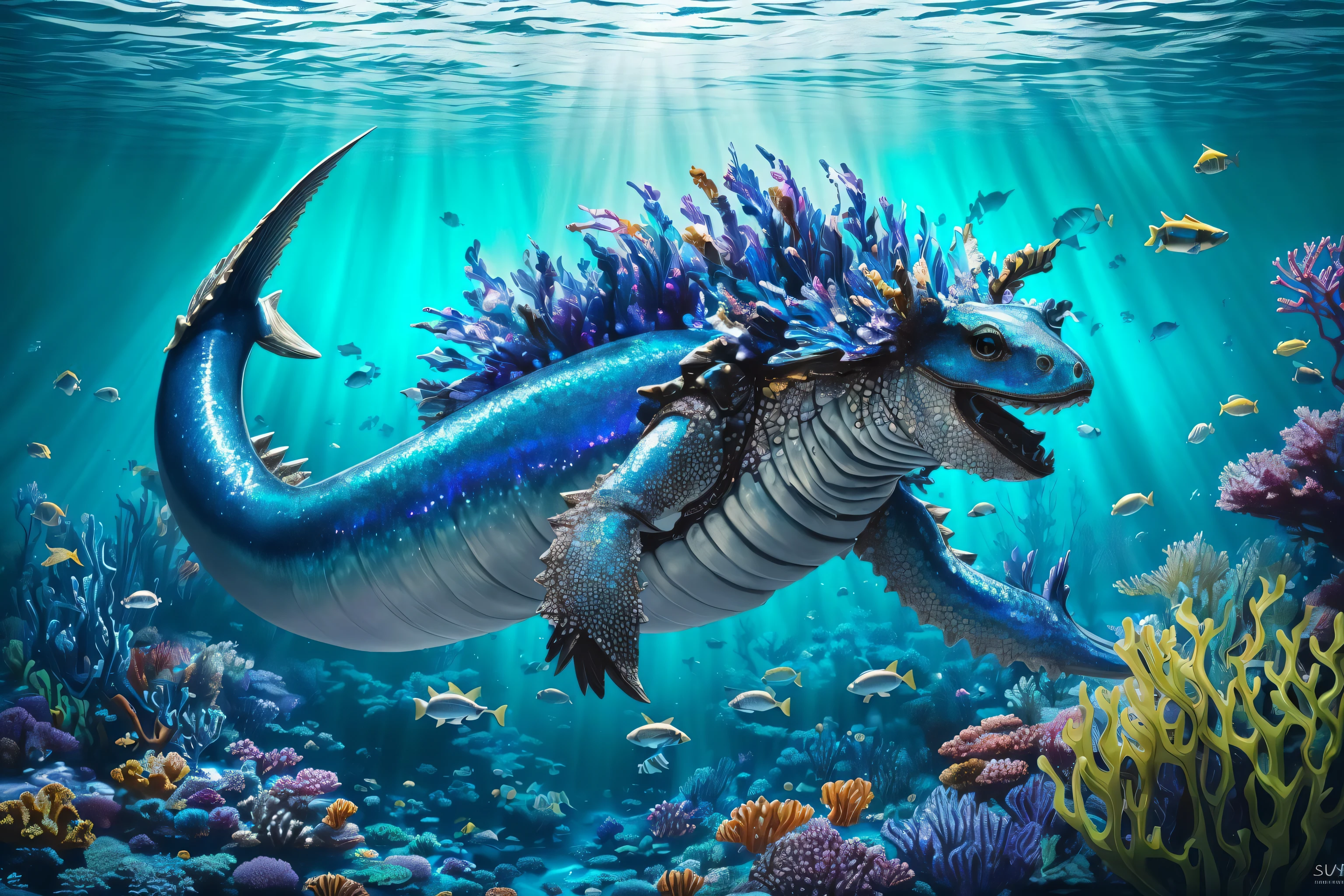 masterpiece, epic, majestic, best quality, very high resolution, 8k, hdr, digital photography, dynamic pose, realistic, photorealistic, dynamic Back Shot, (a male Saxhleel explorer), (a flying Peacock Blue Yeti Crab:1.0), Underwater Kingdom: A mystical underwater kingdom filled with mermaids, sea monsters, and shipwrecks., iridescent, transparent, translucid, (reflection:0.5), (refraction:0.5), (diffraction:0.6), (caustics:0.6), volumetric lights, volumetric shadows, (subsurface scatering:0.7), physically based rendering, (extremely detailed:1.2), (extremely fine and beautiful:1.2), partially backlit, (morning lighting and nearby supplemental lighting from out of frame:1.2), (realistic lighting:1.4), (dynamic colors from lighting:1.4), secondary lights coming from the side or the front of the subject, (intricate details:1.3), hyperdetailed, ultrarealistic, (sharp focus:1.2), sfw