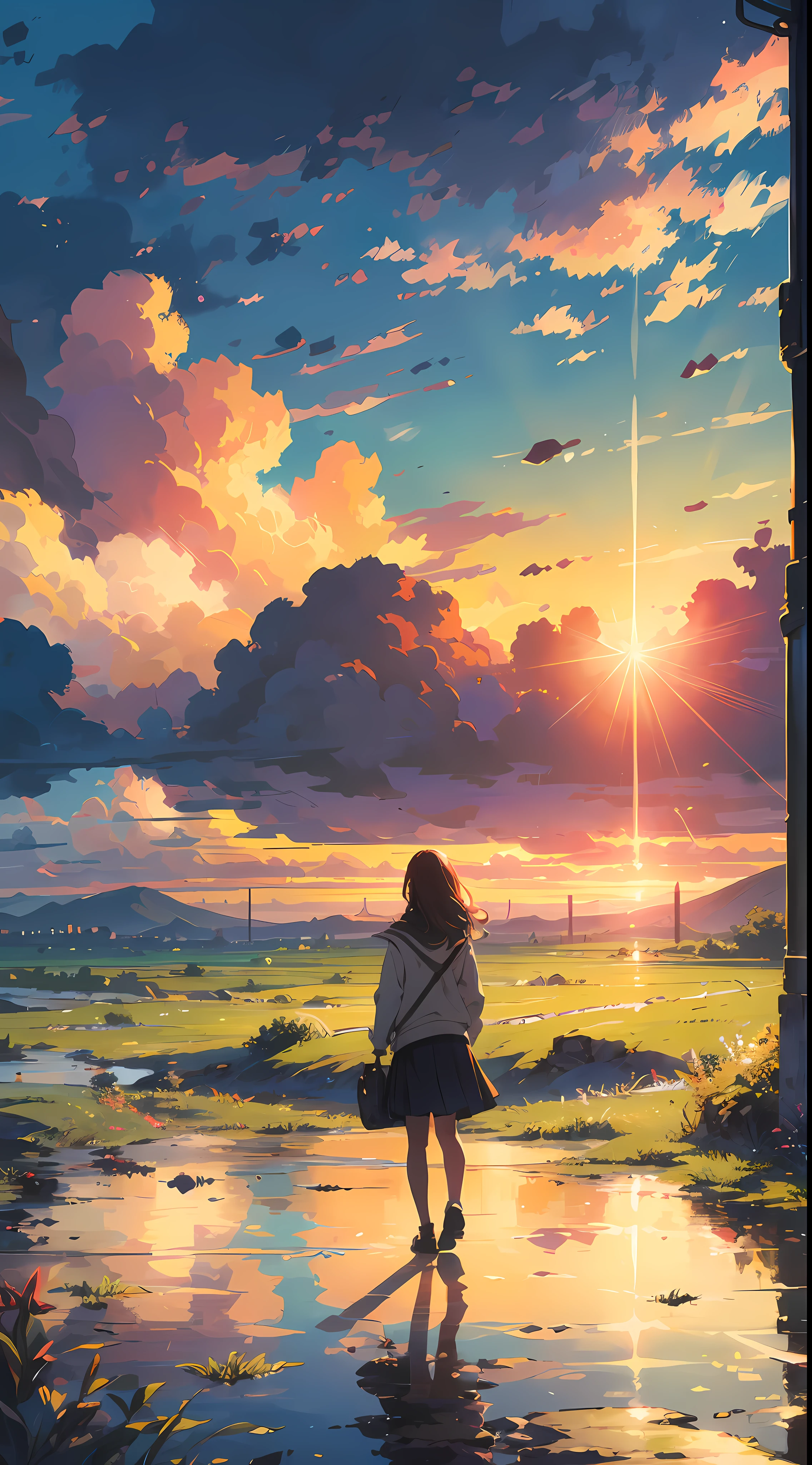 "A mesmerizing scene of sunset, a girl looking at it, from behind, (girl focus0.6), bathed in the golden hues of sunlight and cloud, emanating a vibrant and awe-inspiring spectrum. Masterpiece."