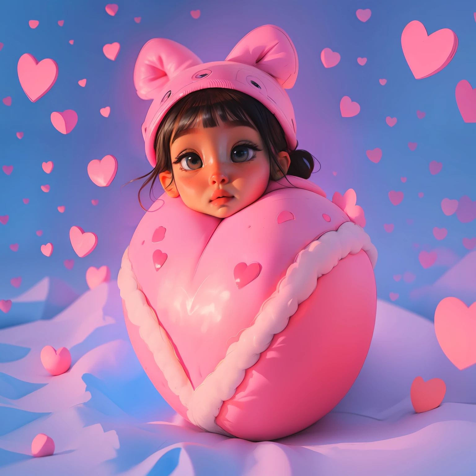 uma garota pequena,rosto bonito e kawaii. No estilo Ken Sugimori, rosa neon, cuddly , borboletas iluminadas, pink and magical background, lindos vagalumes voando, Floating hearts, olhinhos brilhantes, cores rosa e azul pastel, docinhos , bobas rosas, vagalumes neon