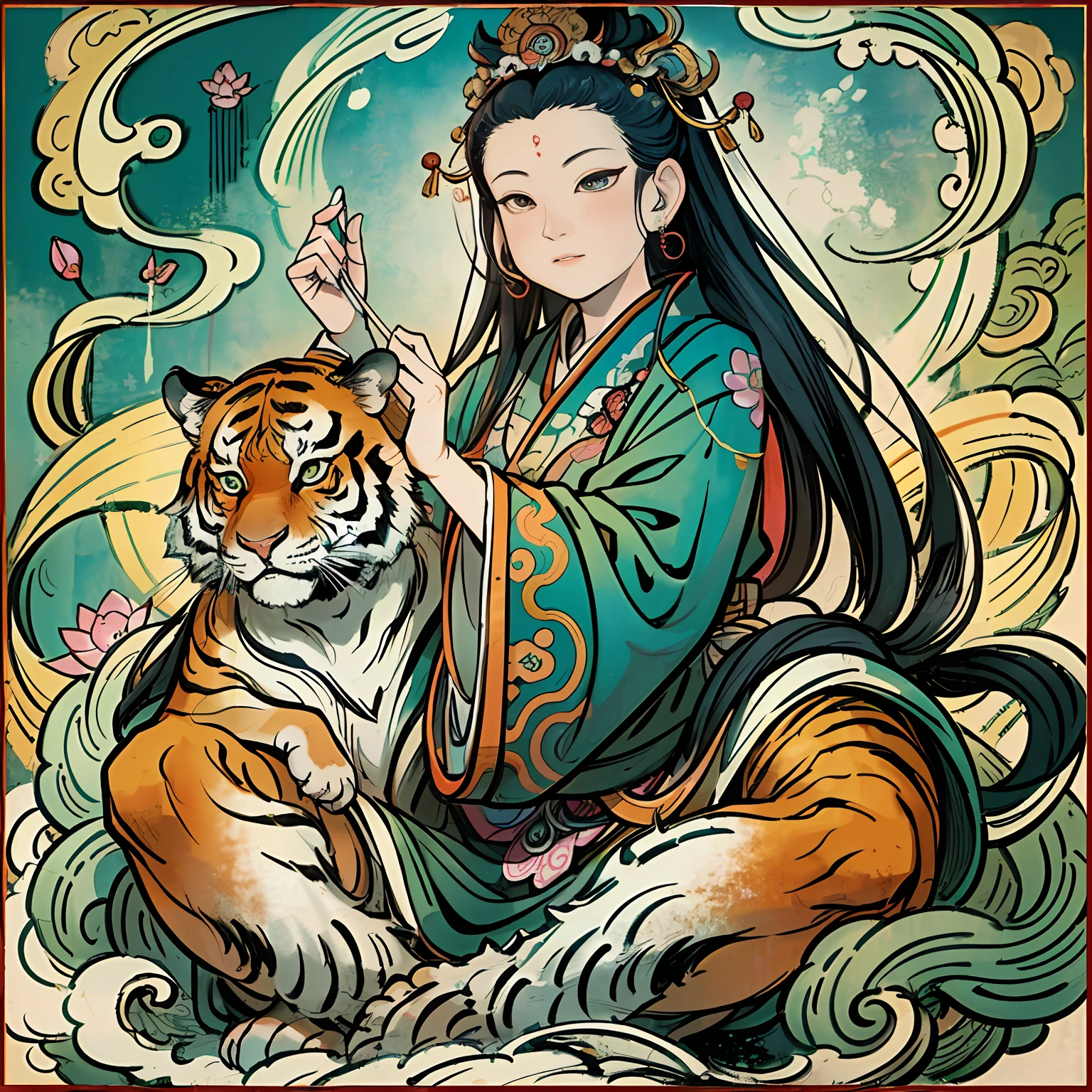 an ancient Chinese goddess, guanyin of the southern seas, Guanyin, Inspired by India, Avalokiteshvara rides a tiger,Serene expression,shui mo hua,Buddha,Buddhist,Lotus,Chinese painting style,Thangka style
