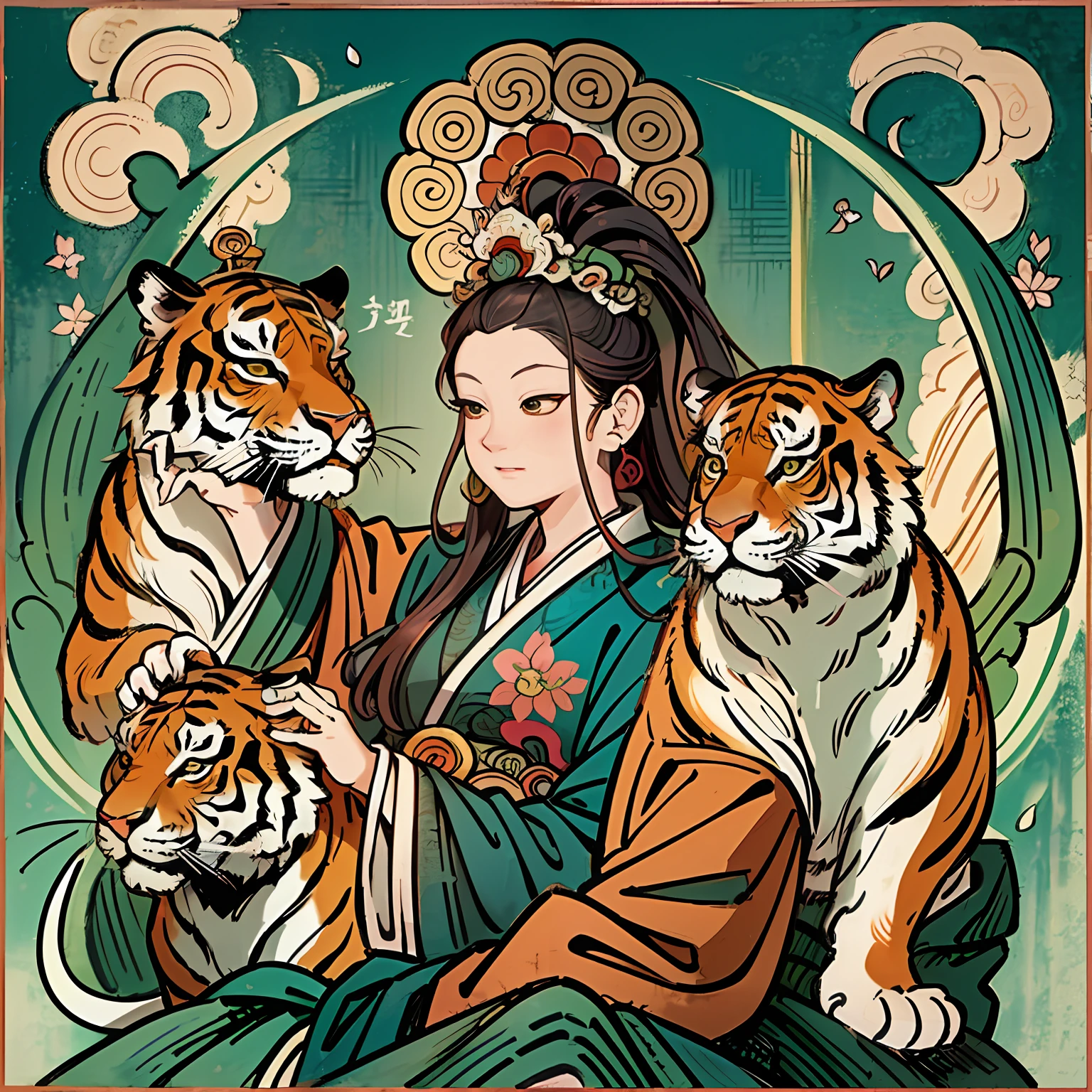 an ancient Chinese goddess, guanyin of the southern seas, Guanyin, Inspired by India, Avalokiteshvara rides a tiger,Serene expression,shui mo hua,Buddha,Buddhist,Lotus,Chinese painting style,Thangka style