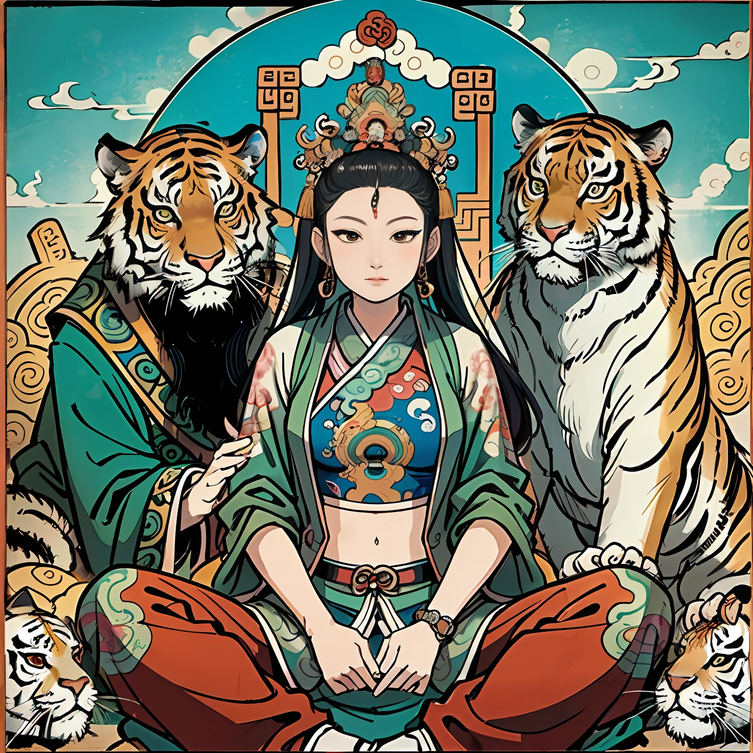 an ancient Chinese goddess, guanyin of the southern seas, Guanyin, Inspired by India, Avalokiteshvara rides a tiger,Serene expression,shui mo hua,Buddha,Buddhist,Lotus,Chinese painting style,Thangka style