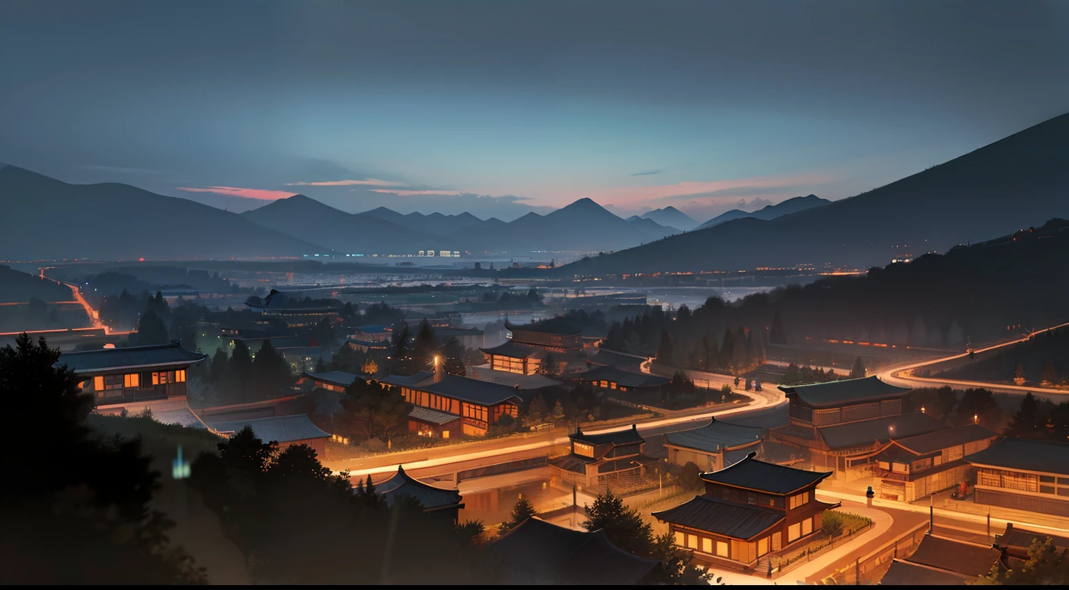 Ancient Chinese suburban environment,Pitch black night,Desolate mountain forests,Upside down world