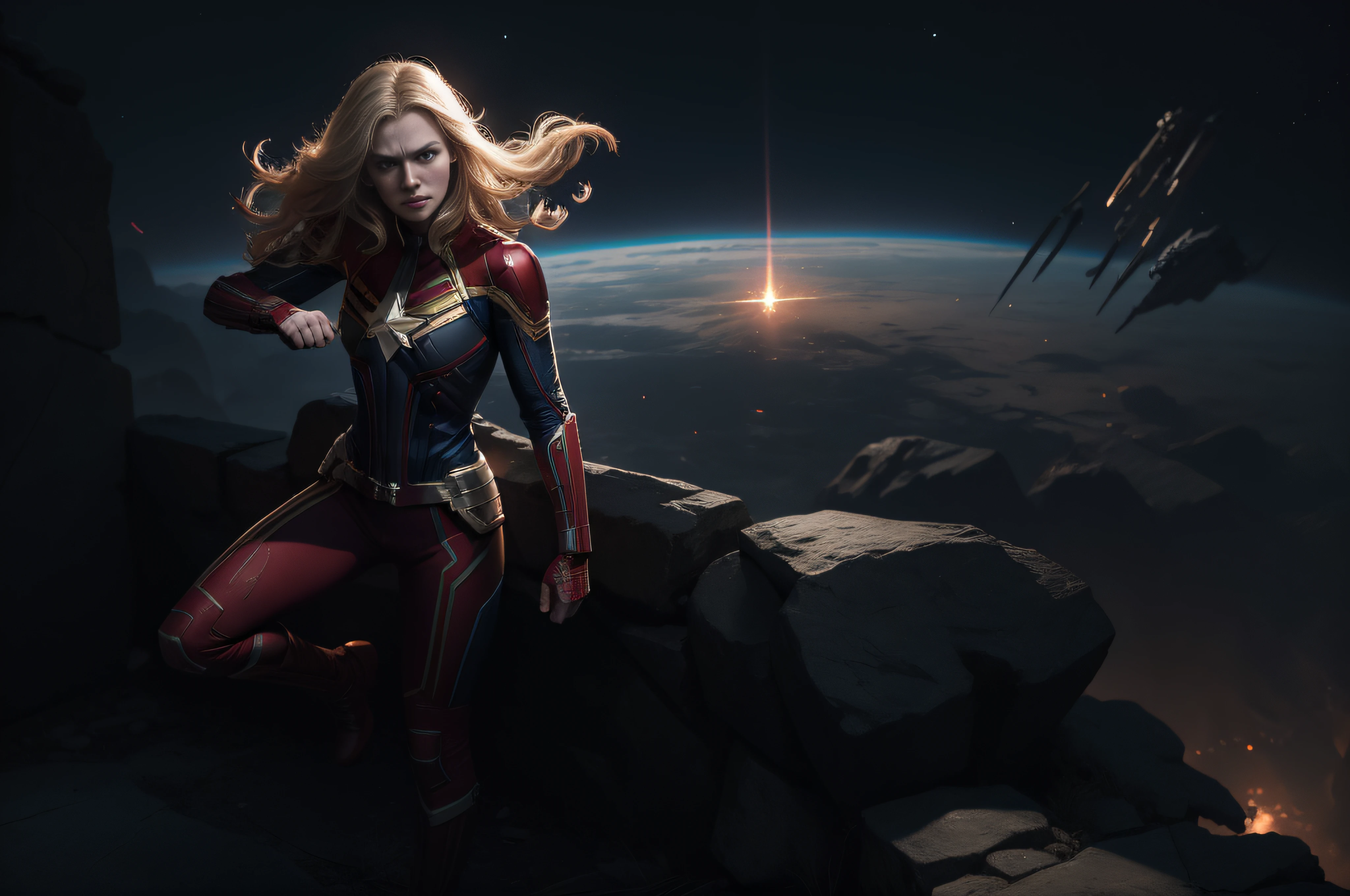 full body portrait of pale woman wearing captain marvel suit, worn out, blood stains, dirty, with long blond hair, in alien planet, soaring above alien structures, space in background, stars in background, flying, slim, strong, athletic, skinny, highly detailed, high details, dynamic, high quality, realistic, 8k, HDR, high resolution, HD, serious, angry, concerned, fighting_stance, depth of field, 4k, detailed, photorealistic, realistic, hd, 4k image, full hd, cinematic, movie poster