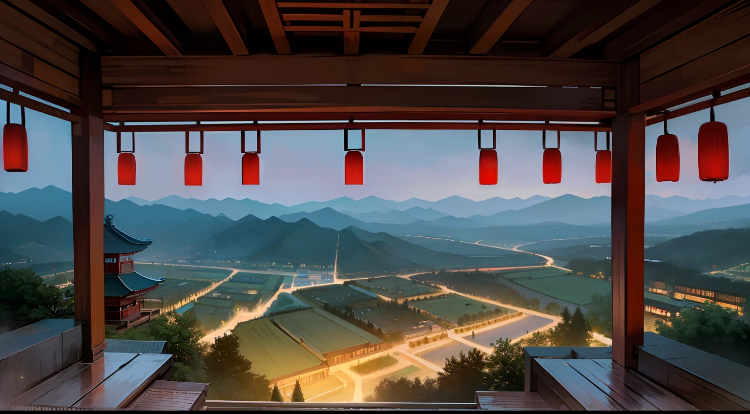 Ancient Chinese suburban environment，Pitch black night，Desolate mountain forests，Upside down world