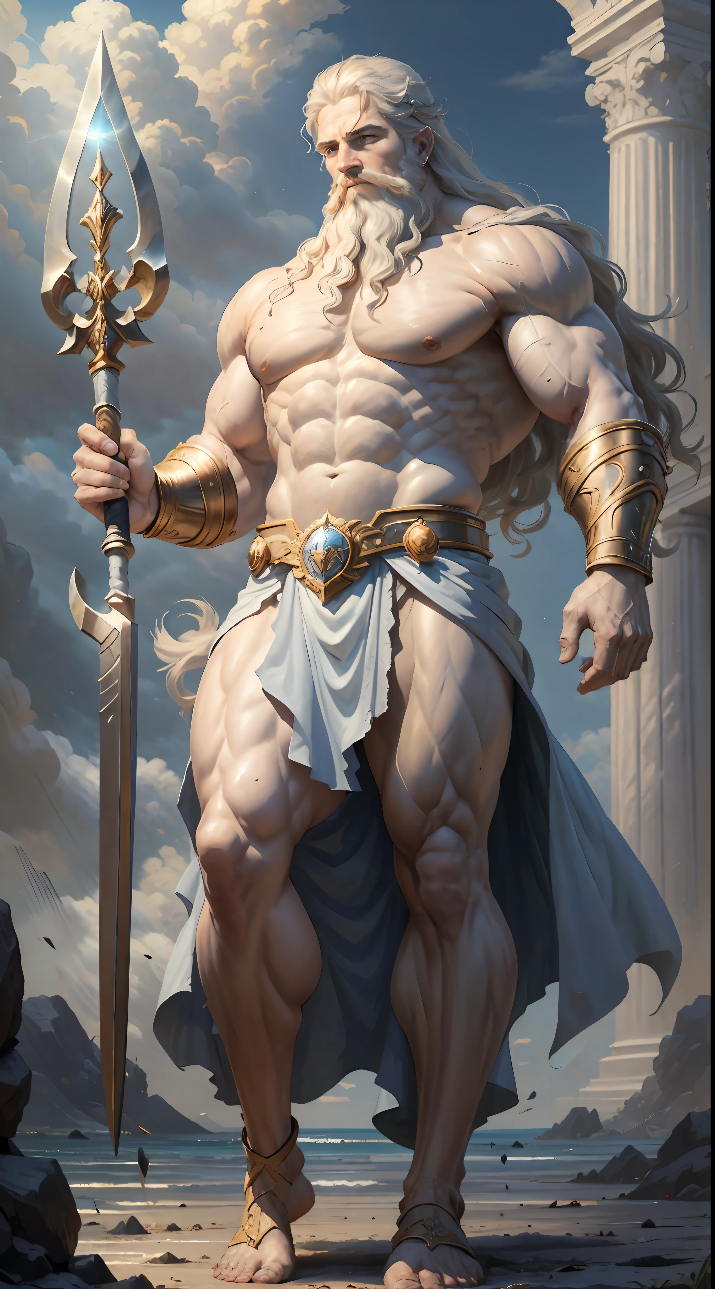 ((Best Quality)), ((Masterpiece)), (detailed), depiction of Zeus, god of the Greek gods, (mythology: 1.2), (majestic appearance: 1.1), (spear of thor in hand: 1.2), flowing beard and hair, muscular physique, wearing a crown made of shells, (marine field: 1.1), (powerful presence: 1.2), (tempest: 1.1), (divine aura: 1.1), (commanding gaze: 1.1), 8k resolution.