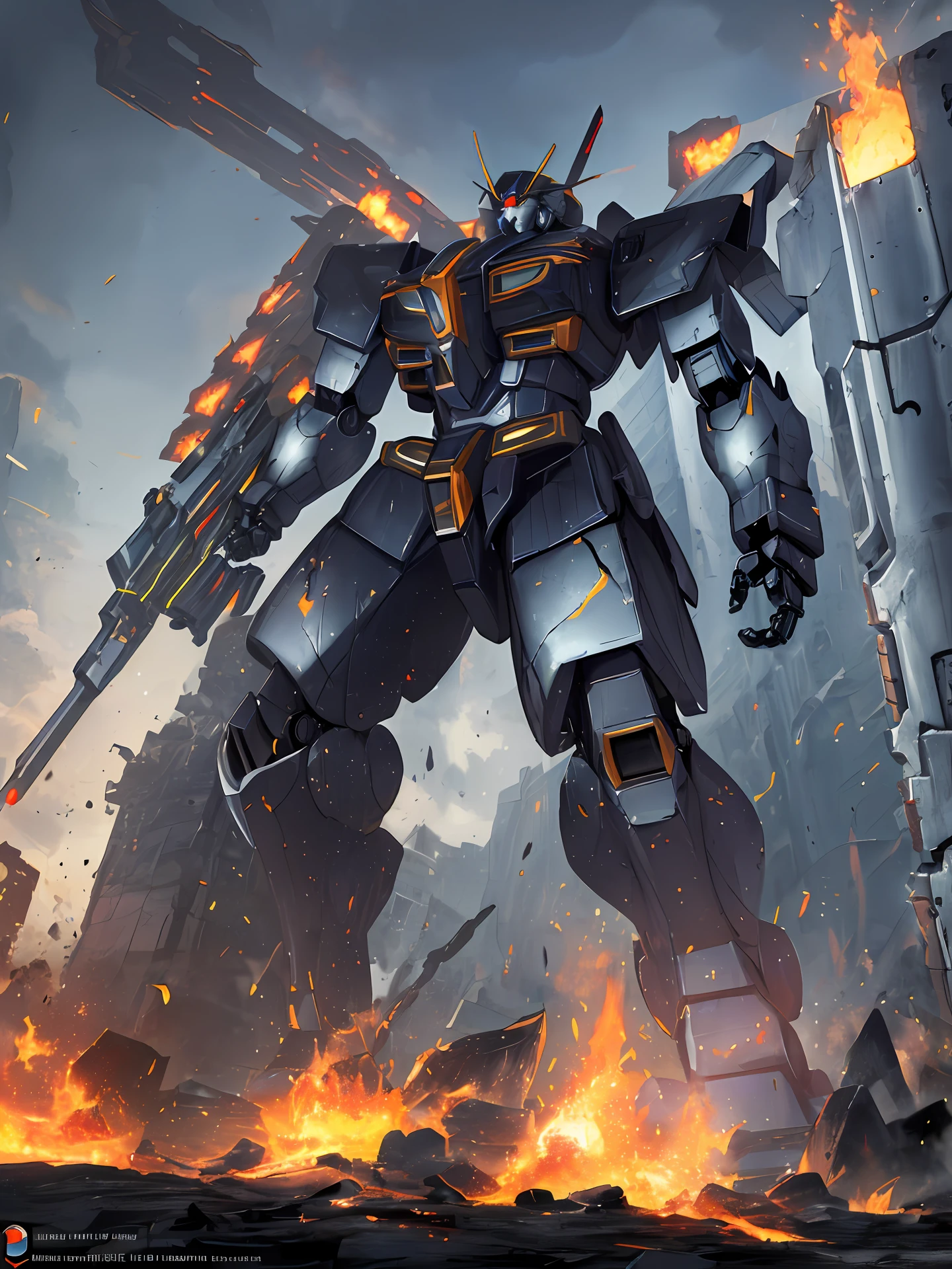 masterpiece, best quality, mecha, no humans, (full body), (black armor mecha:1.5), (Axisymmetric:1.4),(HDR), (cinematic light:1.1), blue eyes, science fiction, fire, laser canon beam, war, conflict, destroyed city background holding weapon,(holding huge weapon:1.5), holding Very large shield, mechagirl girl,