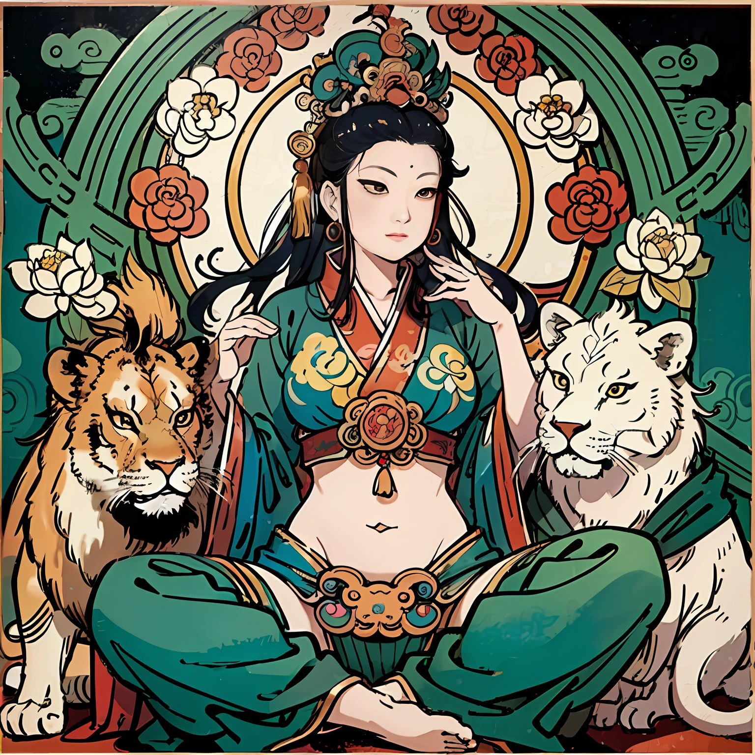 an ancient Chinese goddess, guanyin of the southern seas, Guanyin, Inspired by India, Avalokiteshvara rides a lion,,Serene expression,shui mo hua,Buddha,Buddhist,Lotus,Chinese painting style,Thangka style