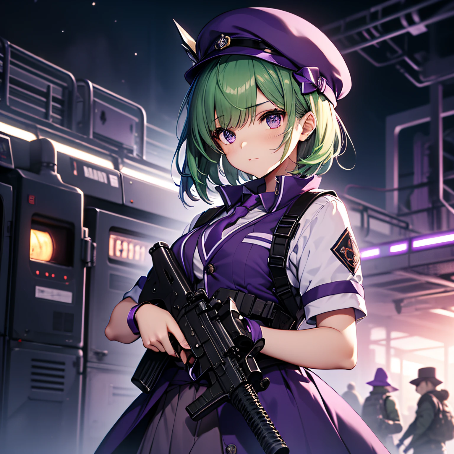 top-quality、extremely delicate and beautiful、(A teenage girl)、Purple Eye、Green hair、short-haired、(Purple pointy hat)、Purple tie、Soio、shortsleeves、Purple skirt、Navel,Tactical Vest、shortsleeves、Purple skirt、((Holding a submachine gun in both hands))、Midnight background、is standing