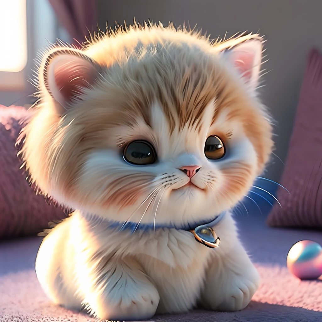 gatinho realista, colorido, com pelos sedosos e brilhantes, desenho, highes definition.
