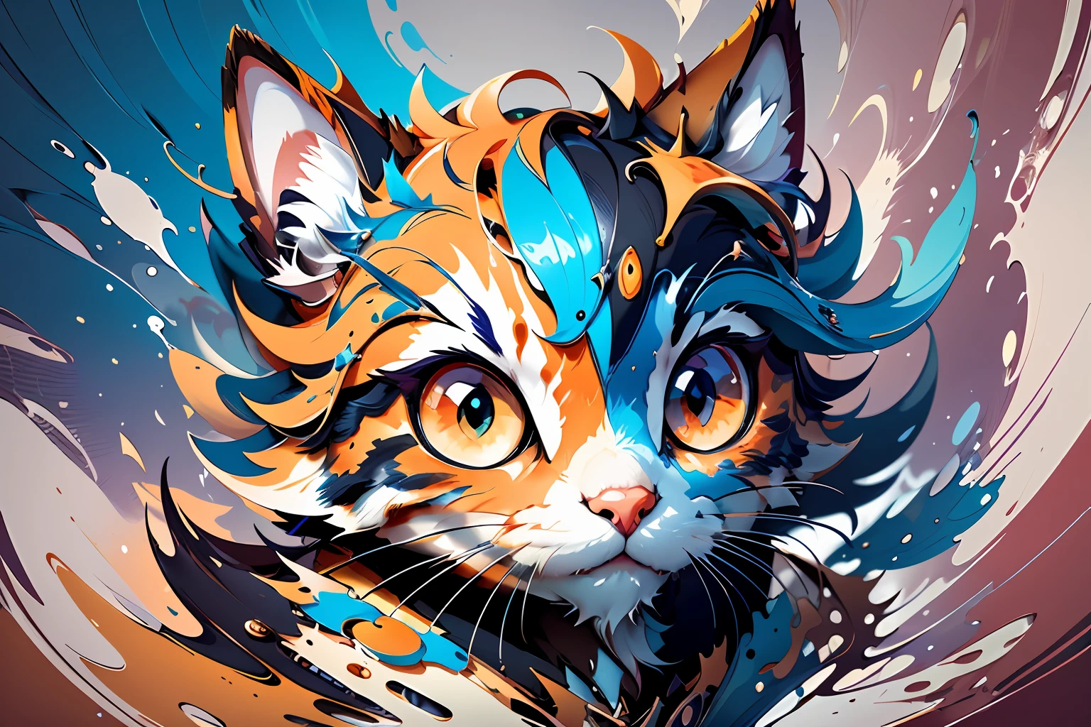 distorted art of a cute cartoon cat's face of vibrant colors in the form of a futuristic shield with TECHNIQUE brush and splash effects