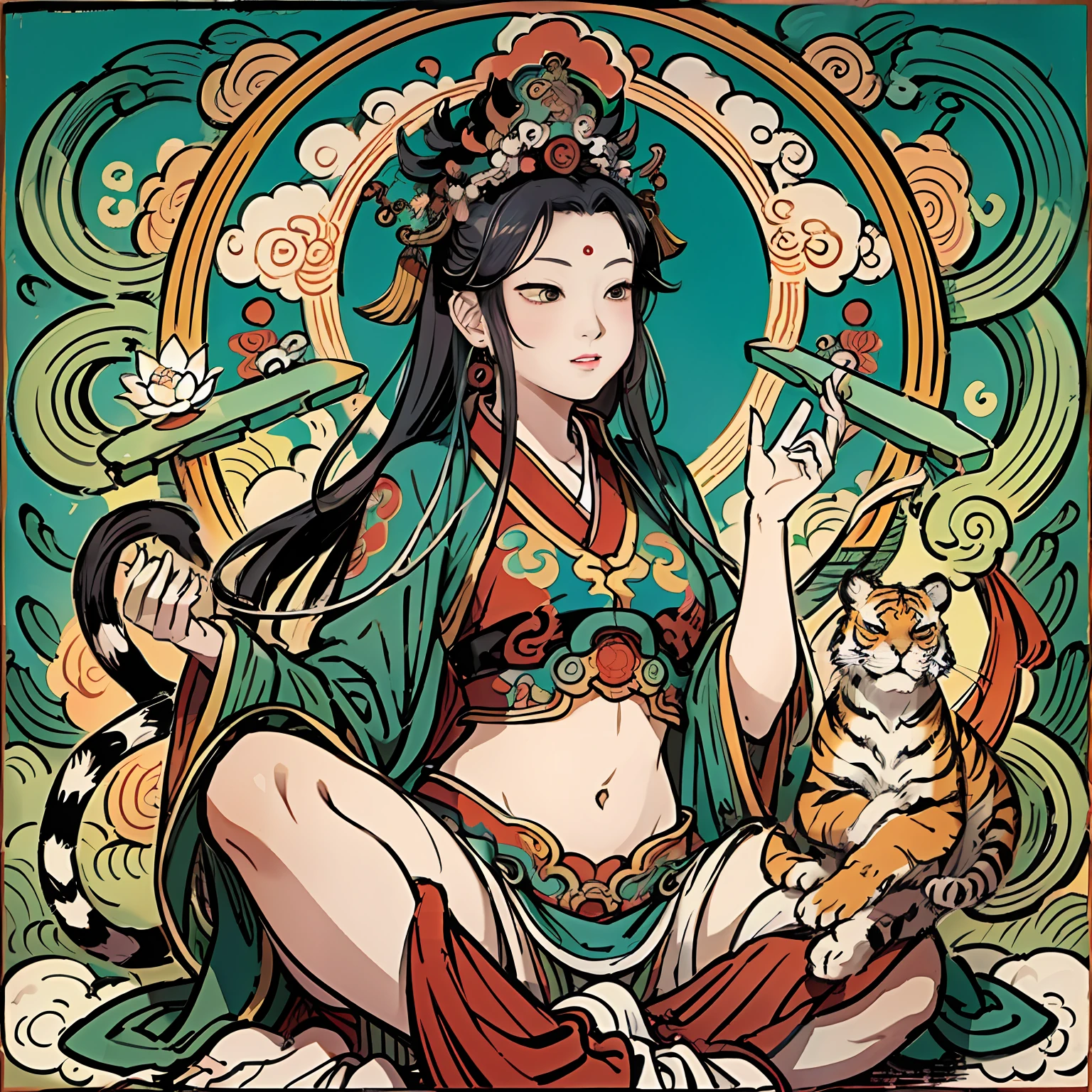 an ancient Chinese goddess, guanyin of the southern seas, Guanyin, Inspired by India, Avalokiteshvara rides a tiger,Serene expression,shui mo hua,Buddha,Buddhist,Lotus,Chinese painting style,Thangka style