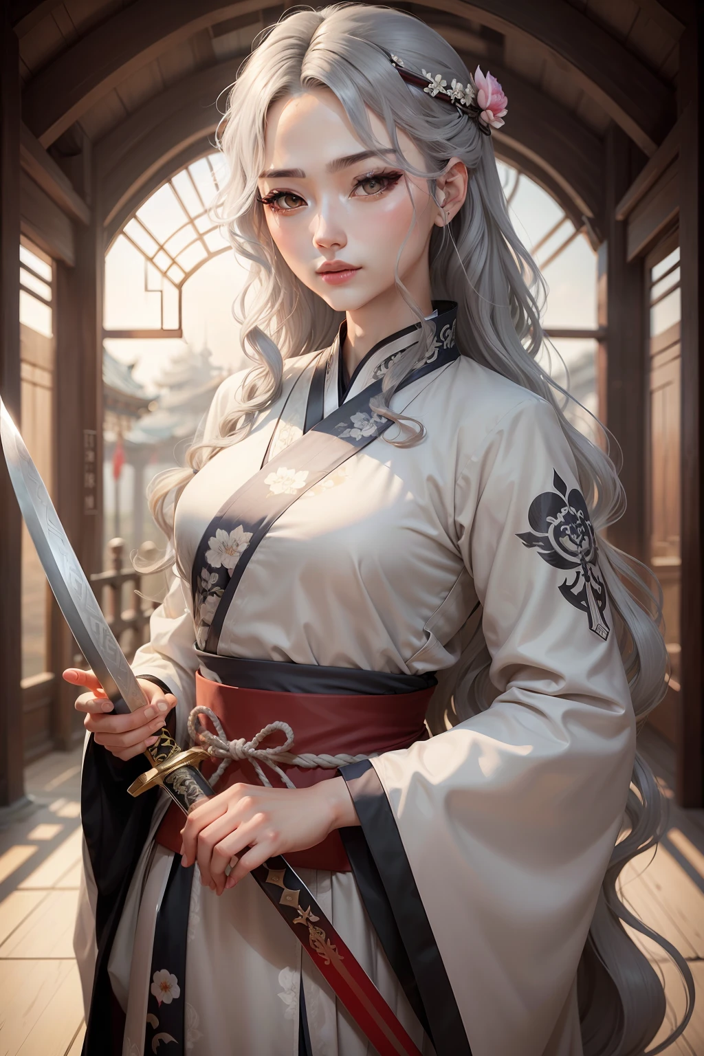 Gray hair, hair wavy, long eyelashes, hanfu, ancient style, sword, lipstick