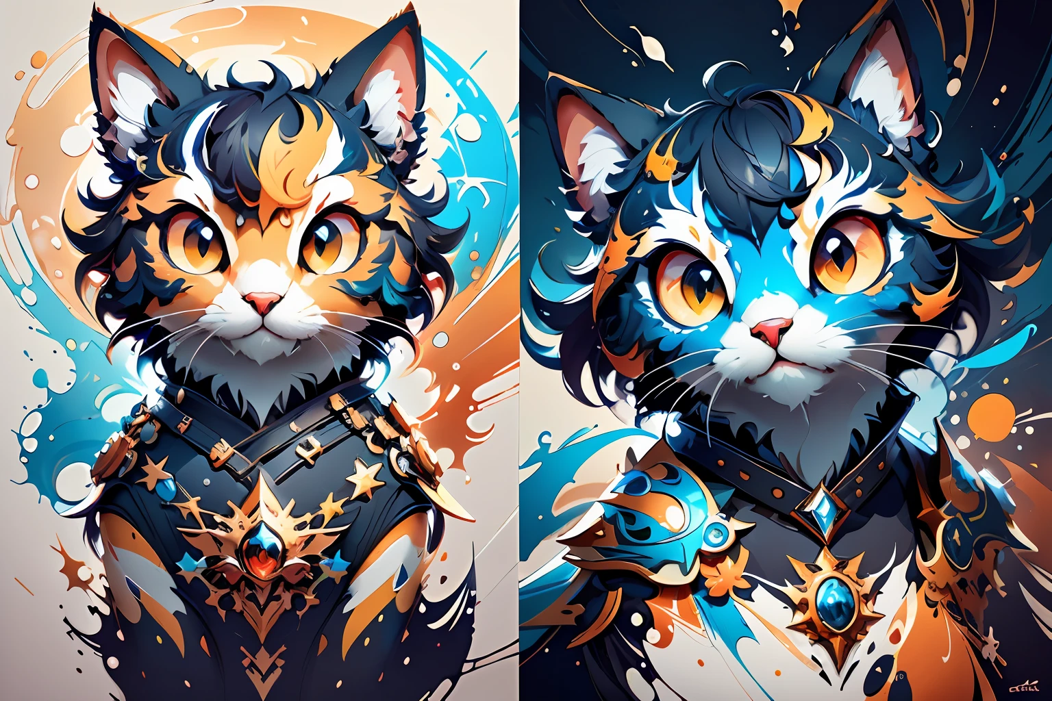 distorted art of a cute cartoon cat's face of vibrant colors in the form of a futuristic shield with TECHNIQUE brush and splash effects