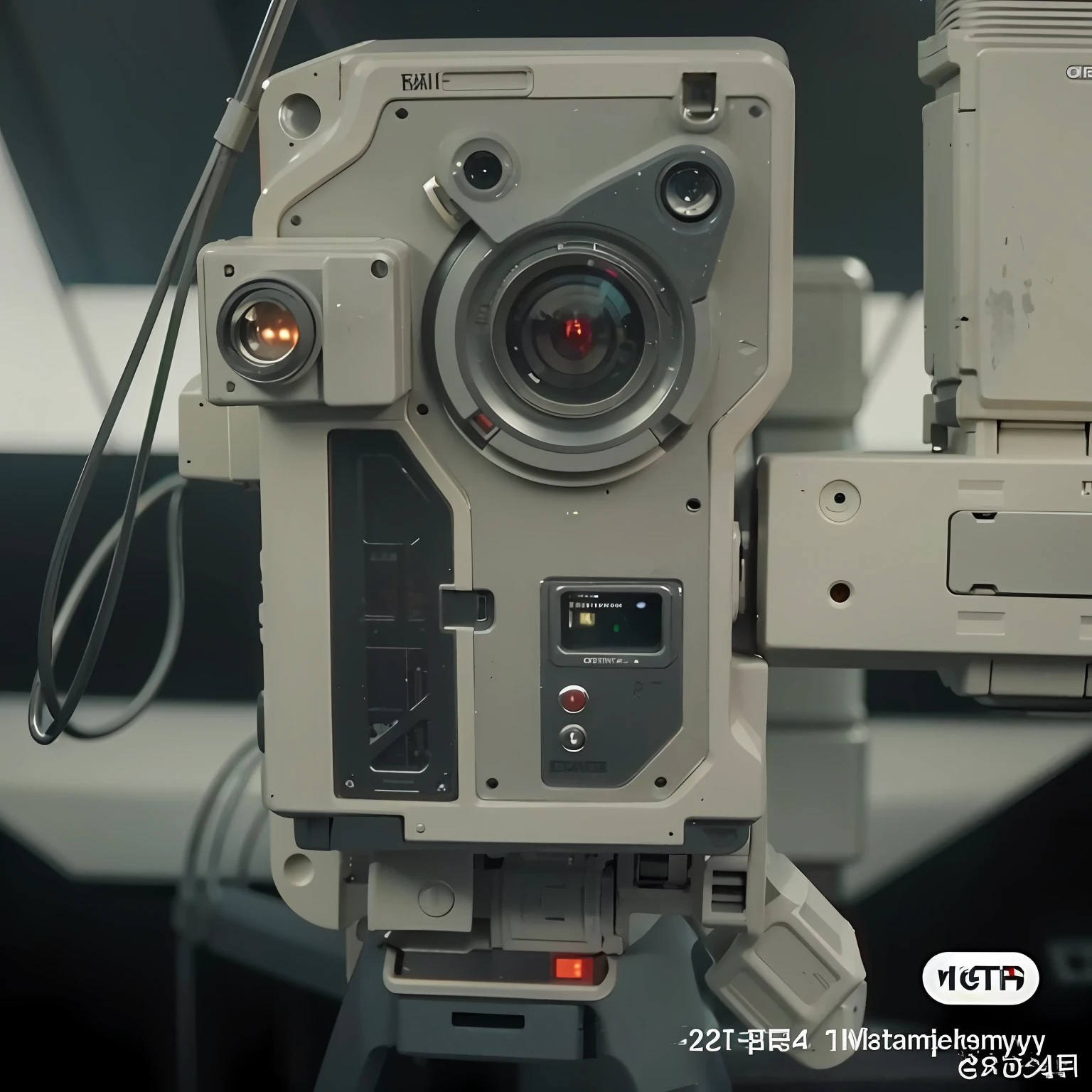 There is a camera sitting on a tripod, sci - fi details, sci - fi equipment, leica 8k still from an a24 film, medium close - up ( mcu ), from a 2 0 1 9 sci fi 8 k movie, sci - fi film still, intense sci-fi details, cinematic front shot, detailed cinematic shot