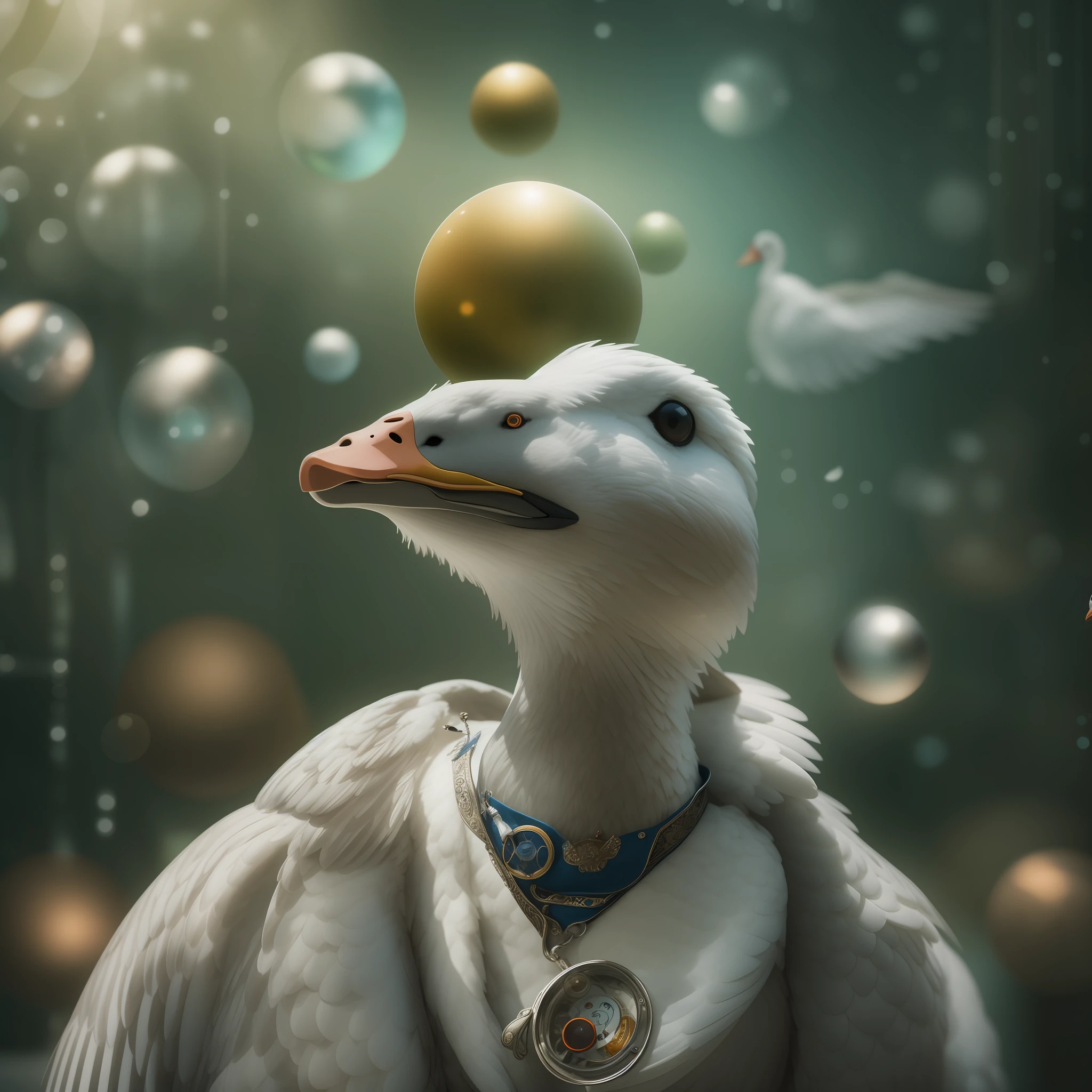 A charming image of a goose dressed as a famous doctor, Perform mysterious acts. The goose's eyes closed, Its face is distorted by emotion, The symbols and carvings on its coat are clearly visible. The background is surreal, surreal environment, Comes with floating spheres and other surreal elements, creating an otherworldly atmosphere. The soft, The bokeh effect produced by the small aperture adds depth and motion to the image. Telephoto lens, f/8 aperture, Shallow depth of field