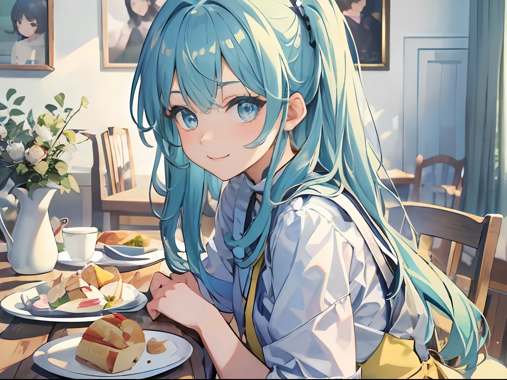 Best quality, tmasterpiece, A 12-year-old girl，Long blue hair and blue eyes，Sit at the dining table at home，The expression is cute and happy，High definition of facial features