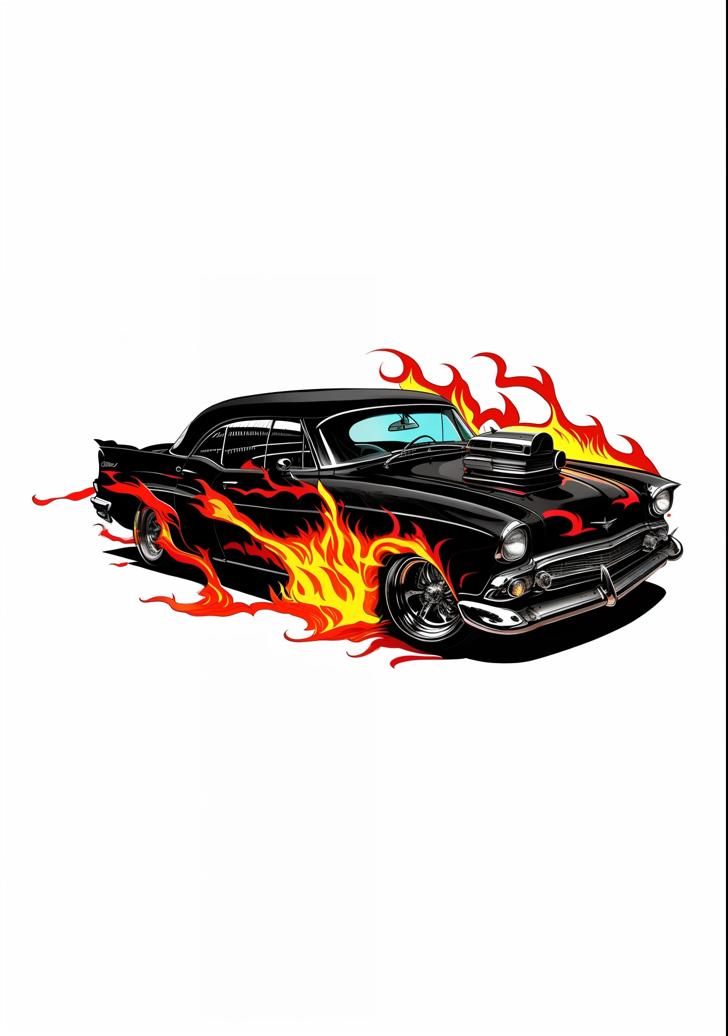 Close-up of a black car,There is a flame on it, car on fire, Flames, Big flames, vintage car, Smoke behind the wheels, hd illustration, flames around body, artwork of a, white bg, Flames everywhere, blazing infero, vintage car, author:Joe Bowler, Burn cars, on fire, 1957 Chevrolet Bel-Air, lots of flames, muscle car