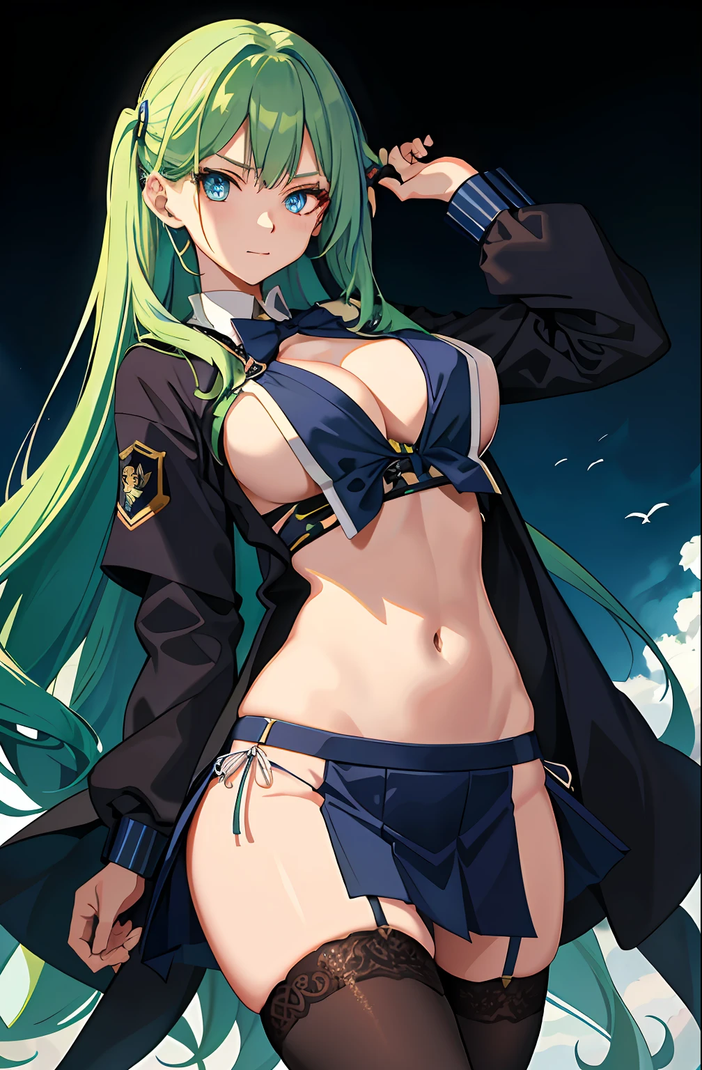 Kizi， highr， Concealed arm， Blue_and_Green hair， Detailed beautiful eyes， navy blue eyes， evilsmile， medium boob， Open navel，Big breasts Thin waist，medium thigh， 校服， Japan School Uniform，JK school uniform，Long black stockings， Detailed clothes， tmasterpiece