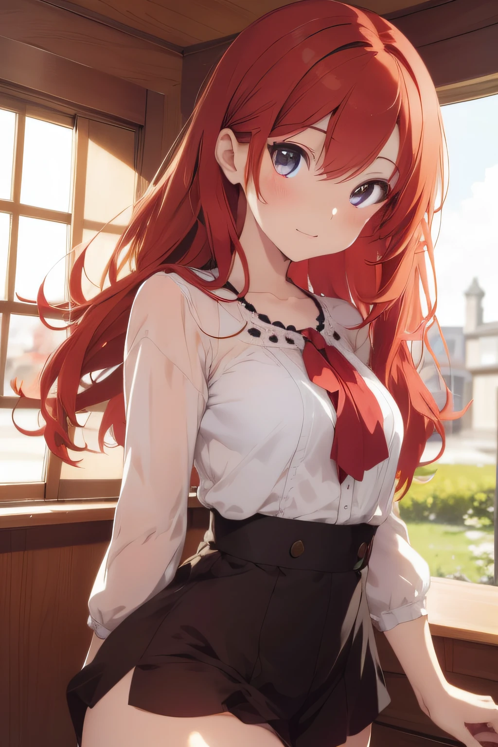 (masterpiece), best quality, expressive eyes, perfect face,Imagine an enchanting illustration of an anime girl with fiery red hair, radiating cuteness, beauty, and undeniable charm. Envision her wearing a delicate blouse that perfectly complements her stunning appearance. Pay attention to the details of the blouse, such as its style, fabric, and any intricate patterns or designs that make it stand out. Highlight the girl’s luscious red hair, giving it a vibrant and captivating quality with carefully chosen shades and highlights. Emphasize her beautiful features, such as her captivating eyes, a sweet smile, or a hint of playfulness that adds to her overall allure