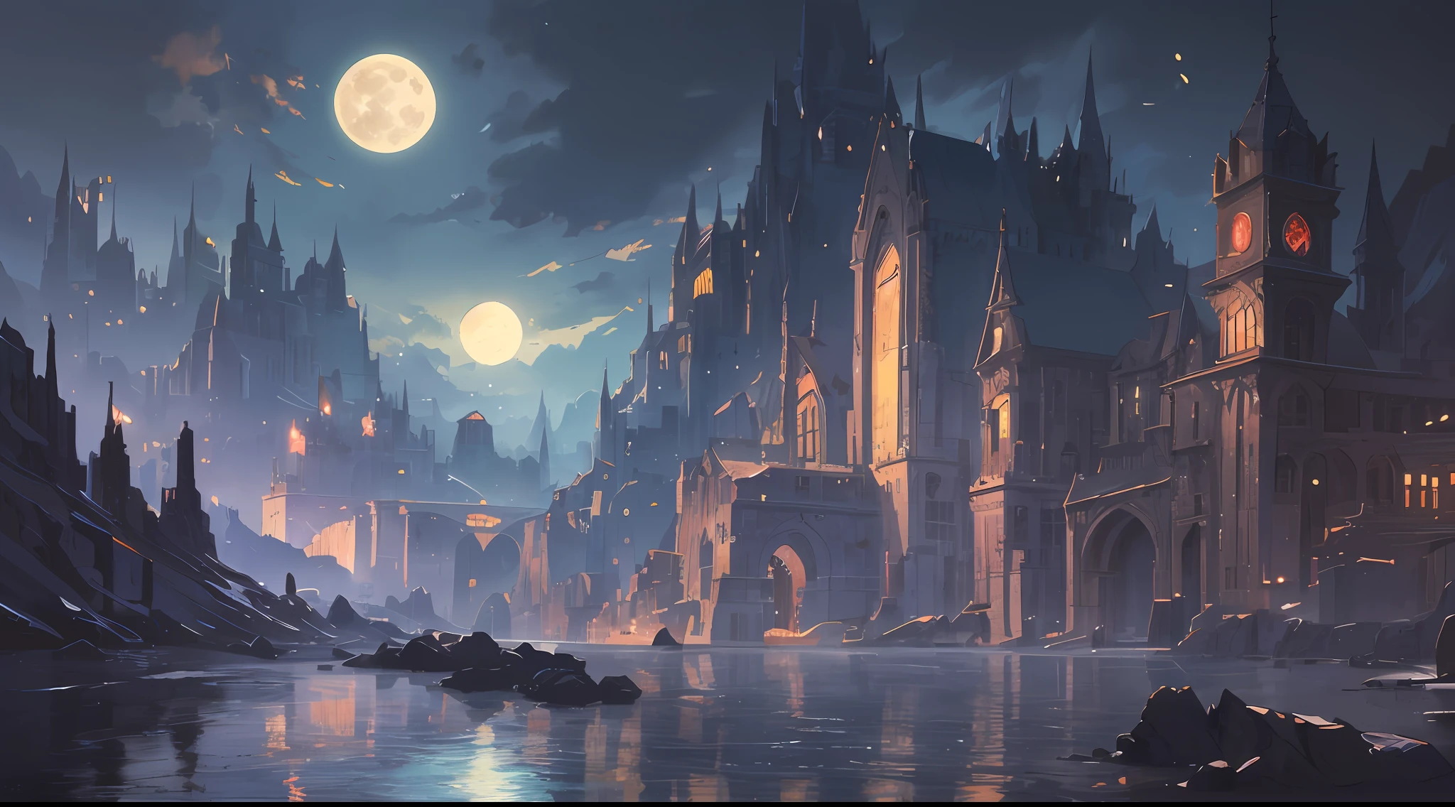 a painting of a river with a full moon in the background, digital art inspired by Andreas Rocha, pixiv contest winner, fantasy art, magical landscape, magical environment, beautiful anime scenery, detailed dreamscape, beautiful anime scene, night scenery, magical dream-like atmosphere, moonlit starry sky environment, anime landscape wallpaper, anime background art, painting of a dreamscape, Surrealism, high detail, from below, from below, Hyperrealism, Impressionism, anime, UHD, award winning, 4K, anatomically correct, super detail, best quality, highres, high quality, masterpiece
