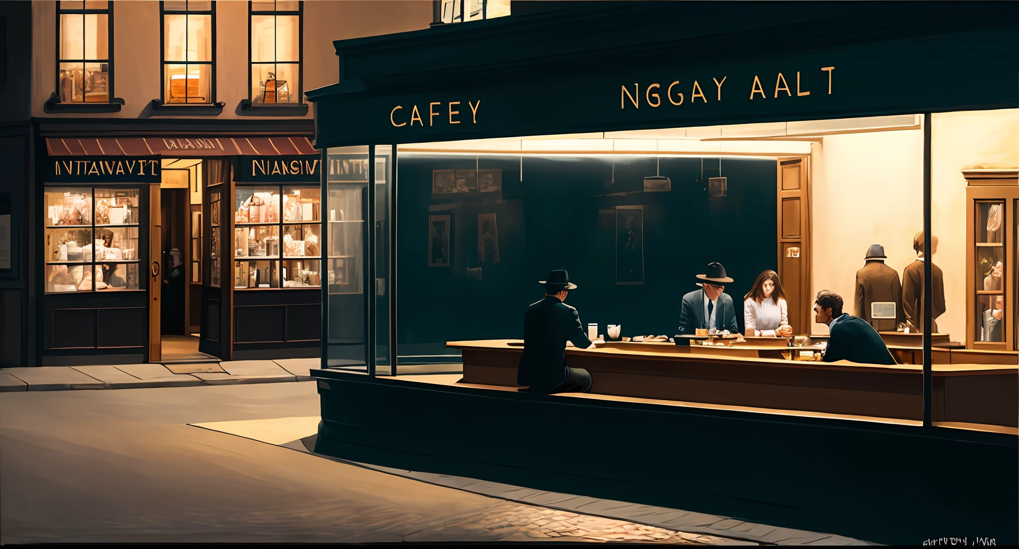 best quality, masterpiece, realistic, photo realistic, a man and woman sitting at a cafe in a city, nighthawks, display window,