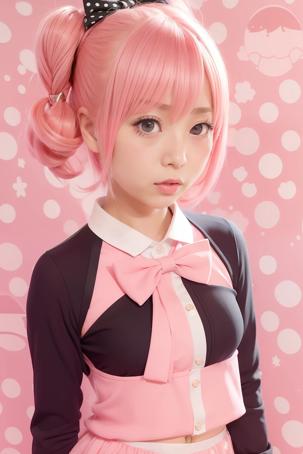 Anime girl with pink hair and bow tie on polka dot background, Yayoi Kasuma, cute girl with short pink hair, Haruno Sakura, aya takano color style, Rei Hiroe, Fubuki, Anime girl named Lucy, nyaruko-san, Lori, sayori, In an anime style