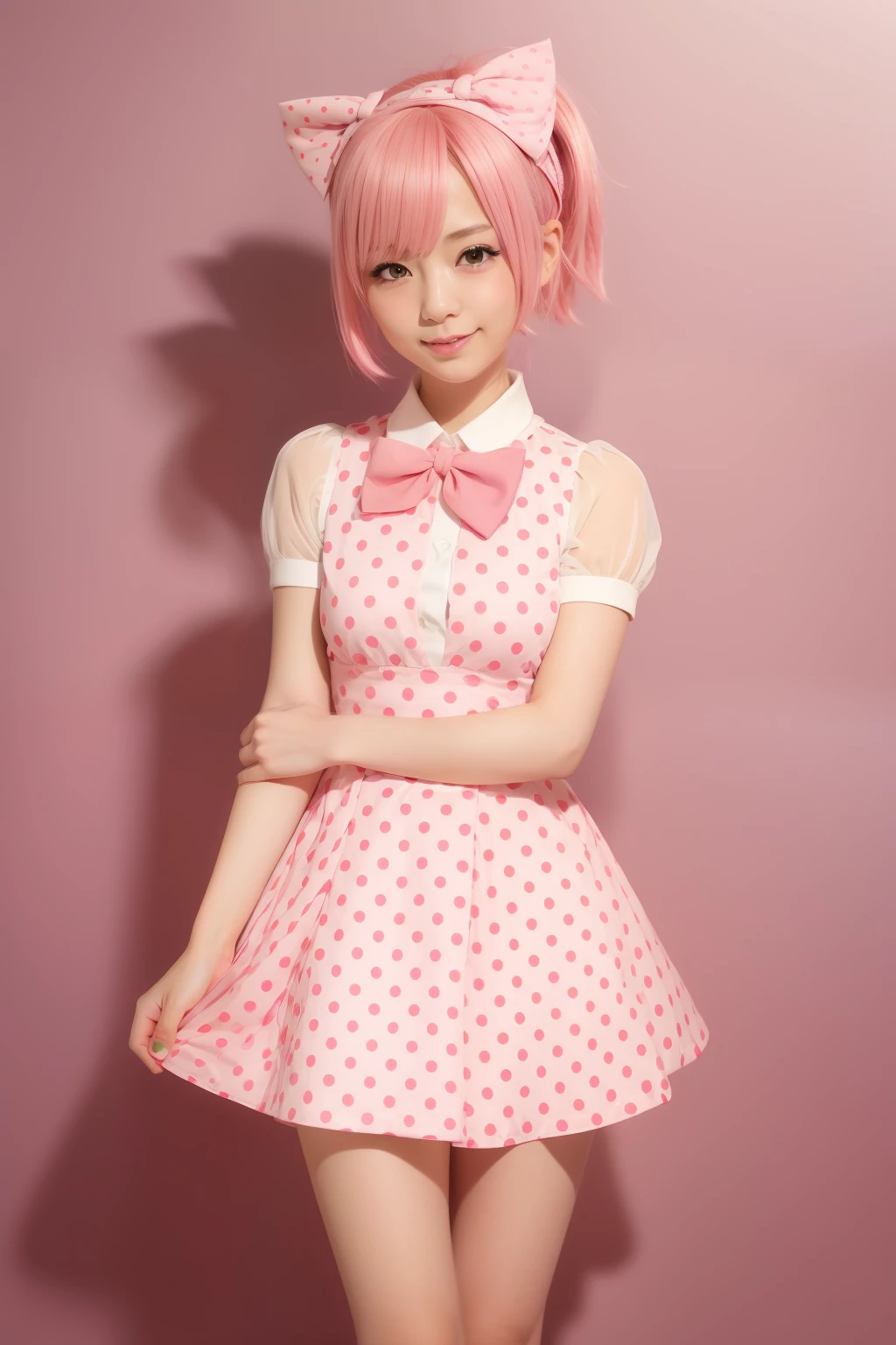 Anime girl with pink hair and bow tie on polka dot background, Yayoi Kasuma, cute girl with short pink hair, Haruno Sakura, aya takano color style, Rei Hiroe, Fubuki, Anime girl named Lucy, nyaruko-san, Lori, sayori, In an anime style