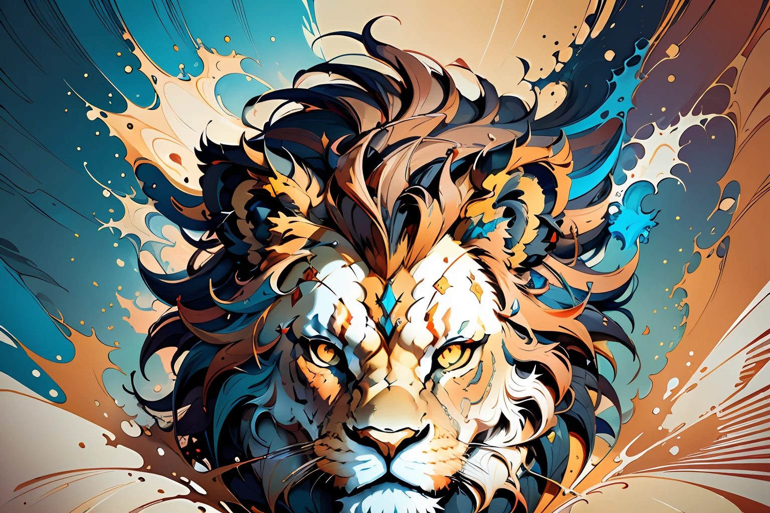 distorted art of the face of an angry cartoon lion of vibrant colors in the form of a futuristic shield with TECHNIQUE brush and splash effects